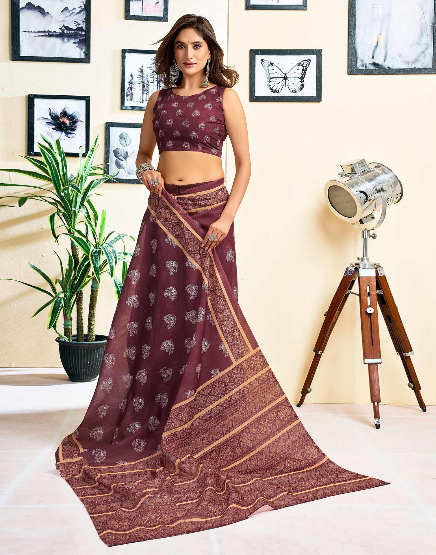 Ready To Wear Coffee Brown Chanderi Cotton Printed Saree