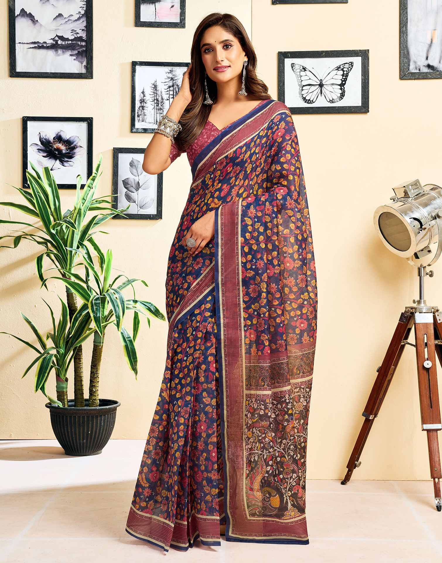 Ready To Wear Navy Blue Chanderi Cotton Printed Saree