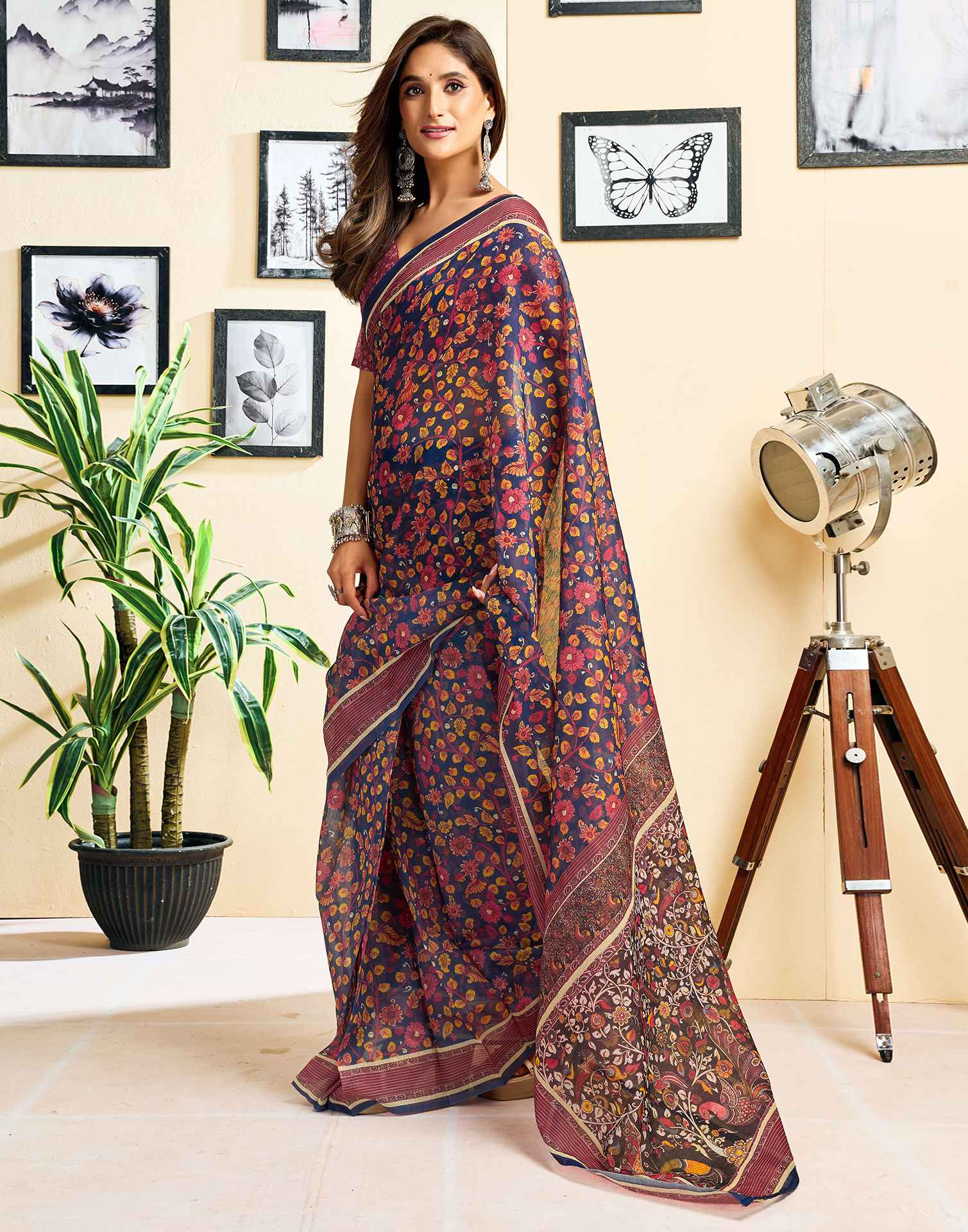Ready To Wear Navy Blue Chanderi Cotton Printed Saree