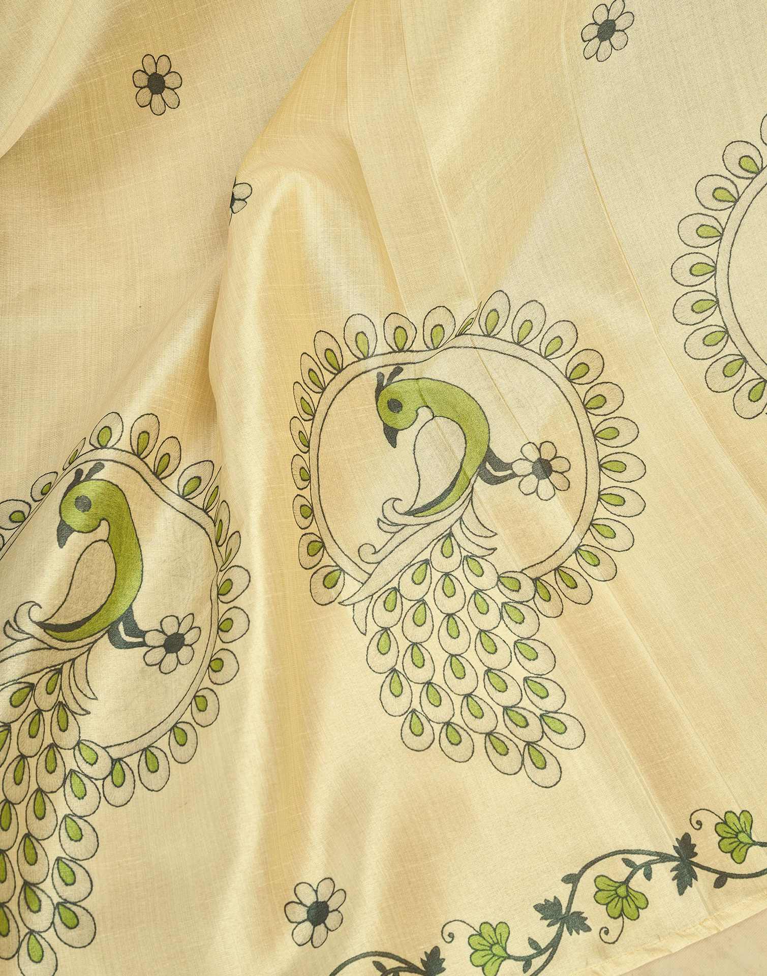 Ready To Wear Beige Chanderi Cotton Printed Saree