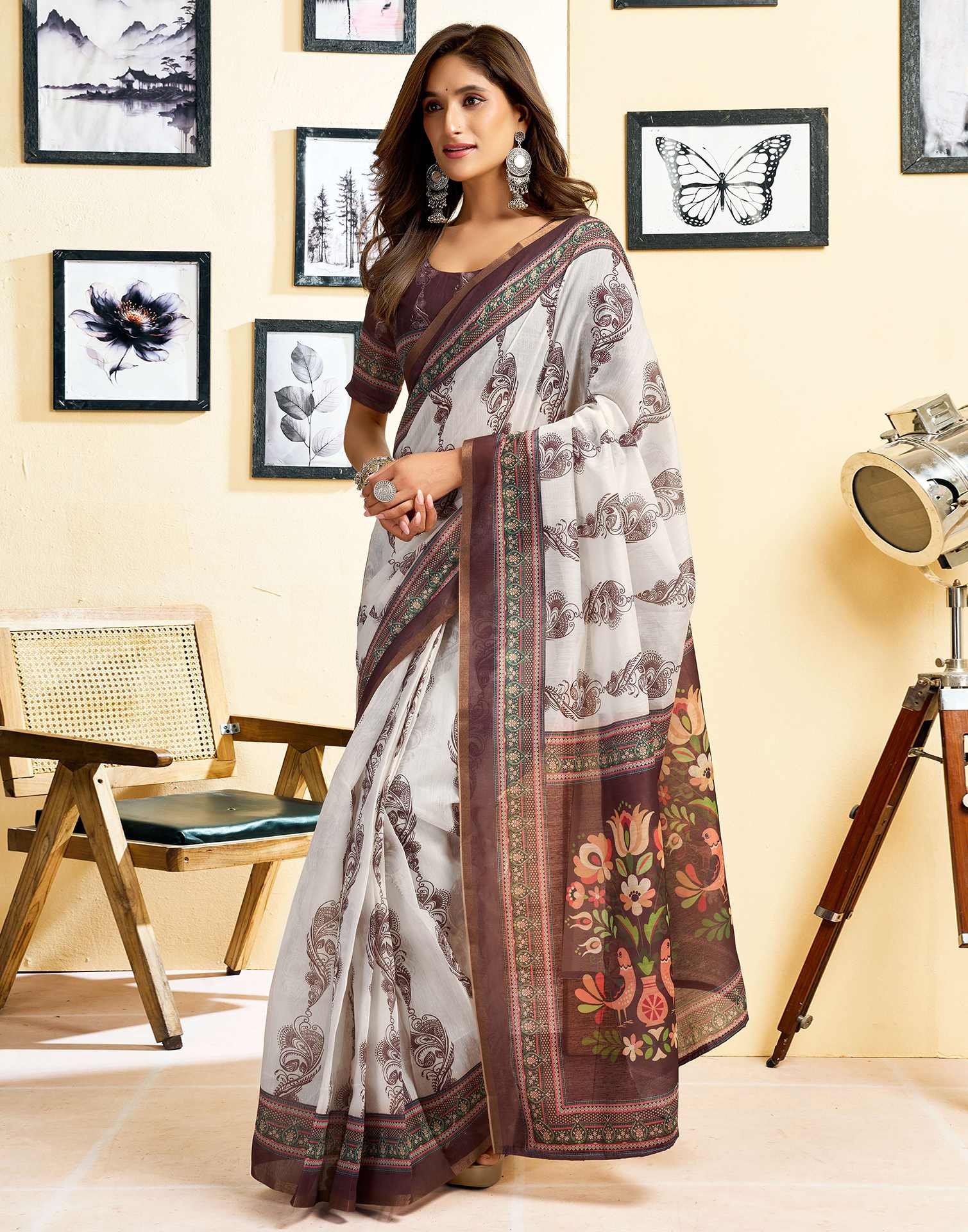 Ready To Wear Off White Chanderi Cotton Printed Saree