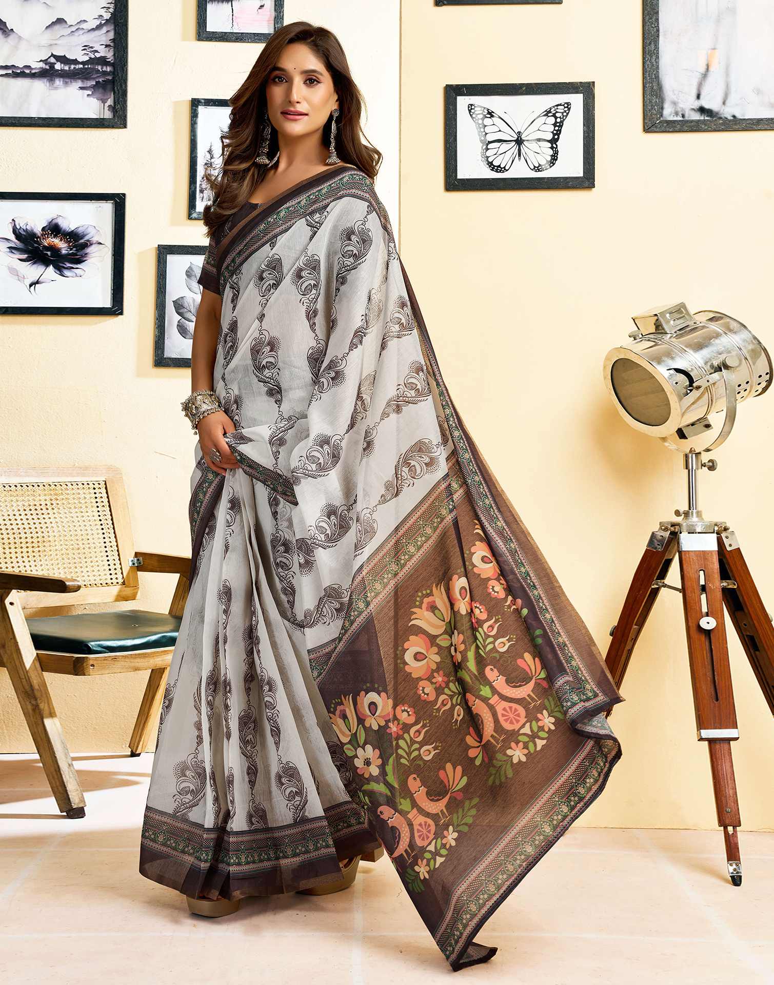 Ready To Wear Off White Chanderi Cotton Printed Saree