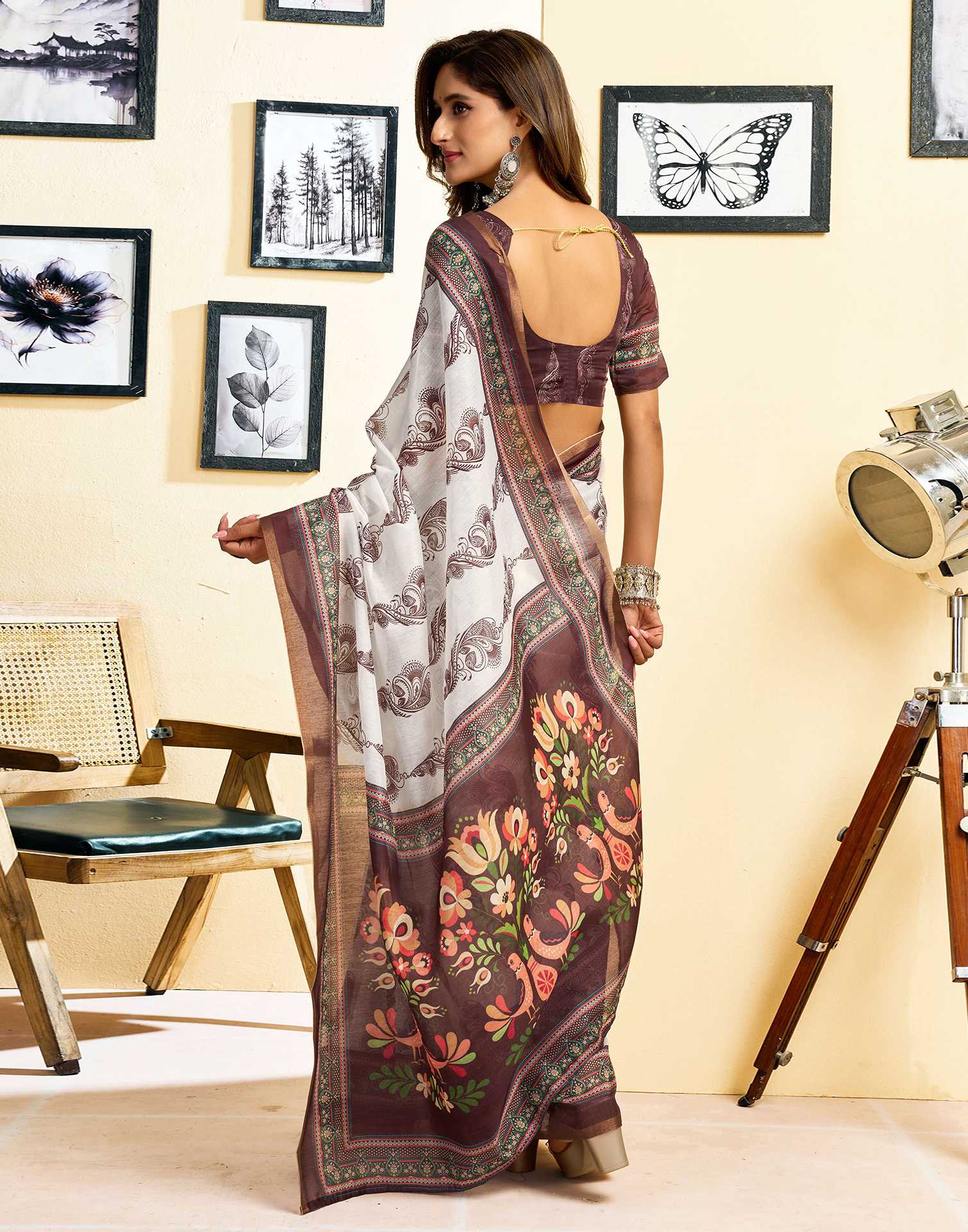 Ready To Wear Off White Chanderi Cotton Printed Saree