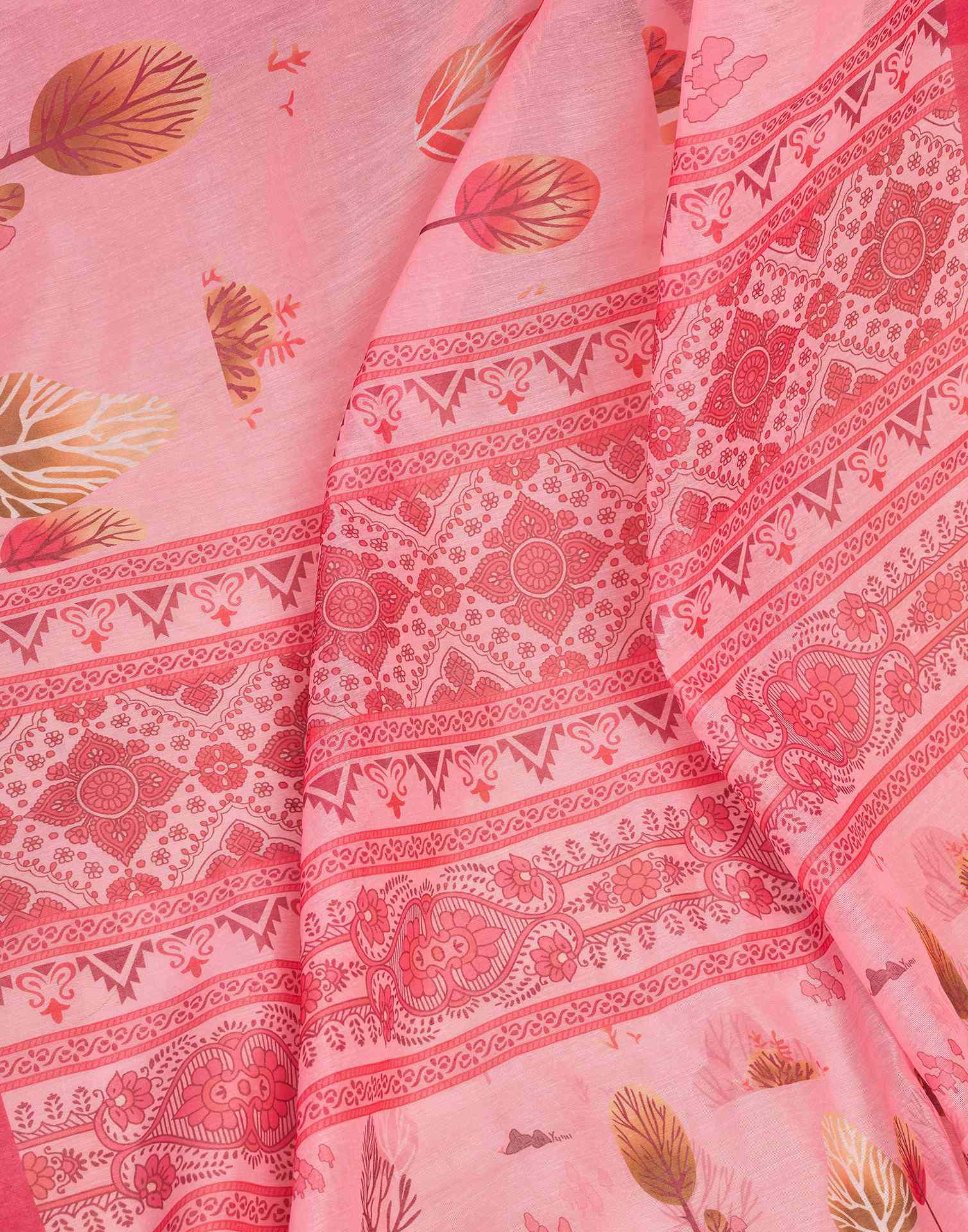 Ready To Wear Light Pink Chanderi Cotton Printed Saree