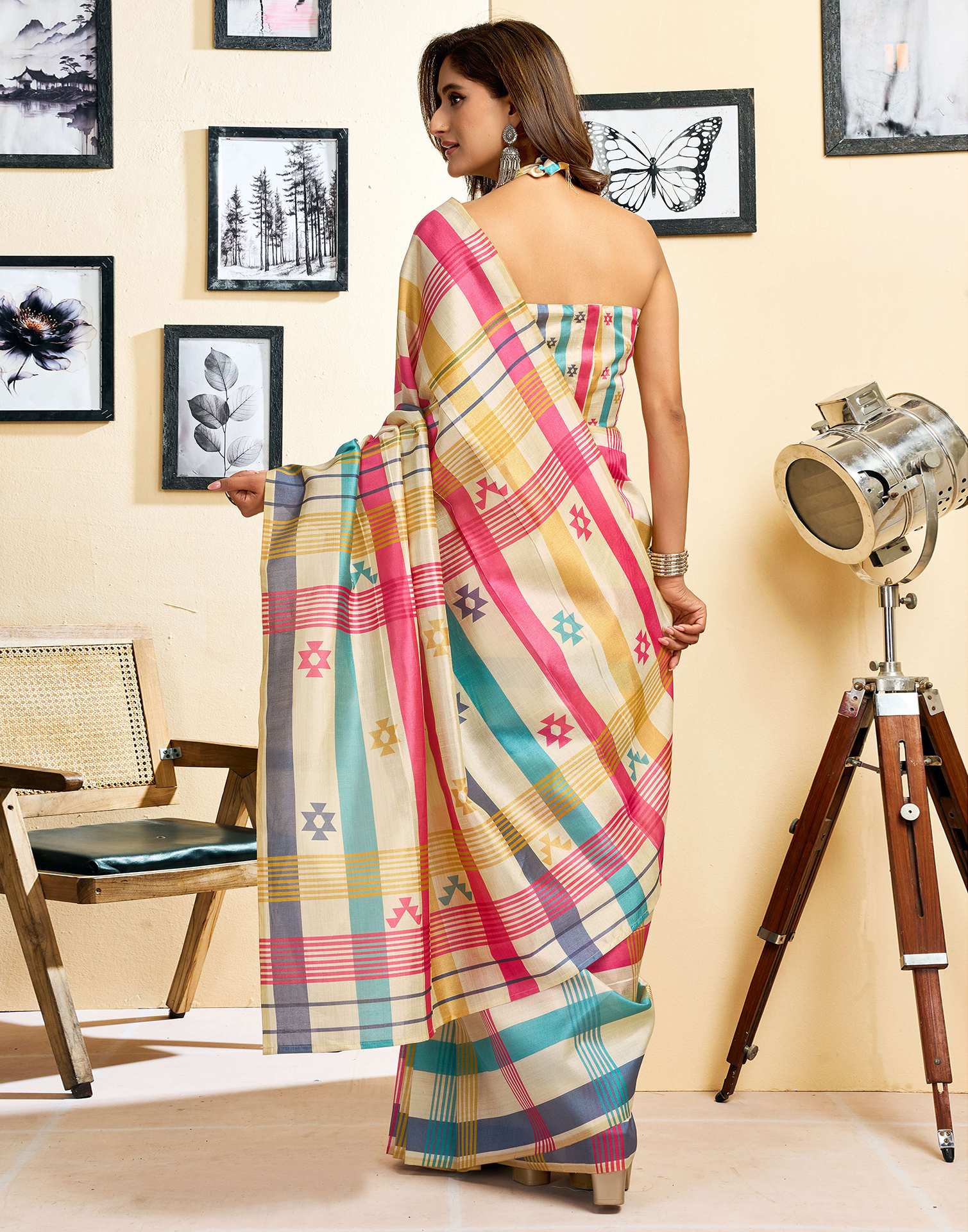Ready To Wear Beige Chanderi Cotton Printed Saree