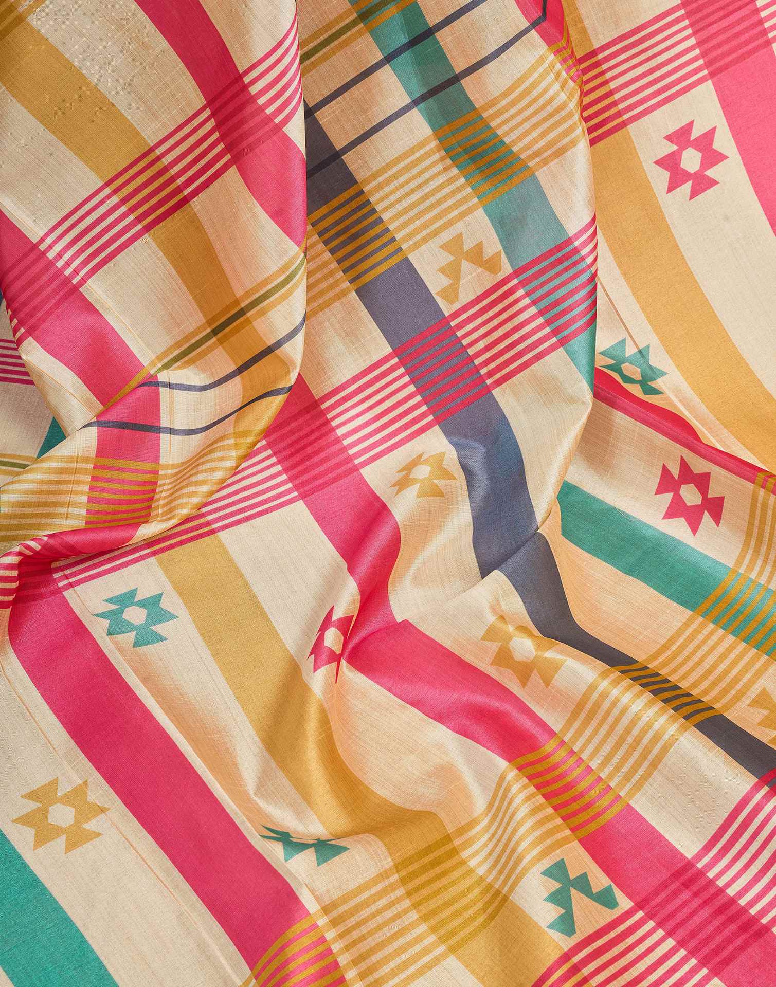 Ready To Wear Beige Chanderi Cotton Printed Saree