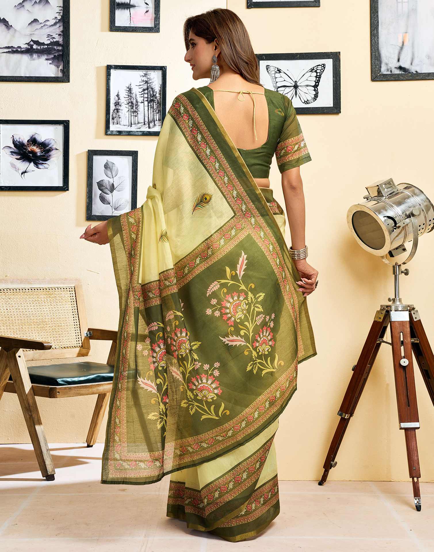 Ready To Wear Lemon Yellow Chanderi Cotton Printed Saree