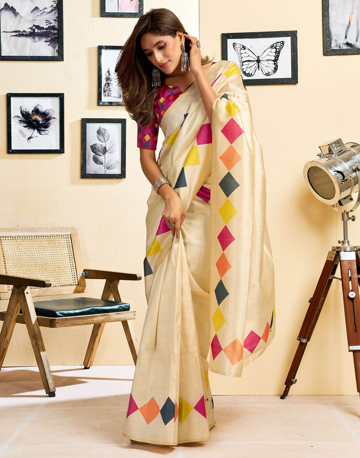 Ready To Wear Beige Chanderi Cotton Printed Saree