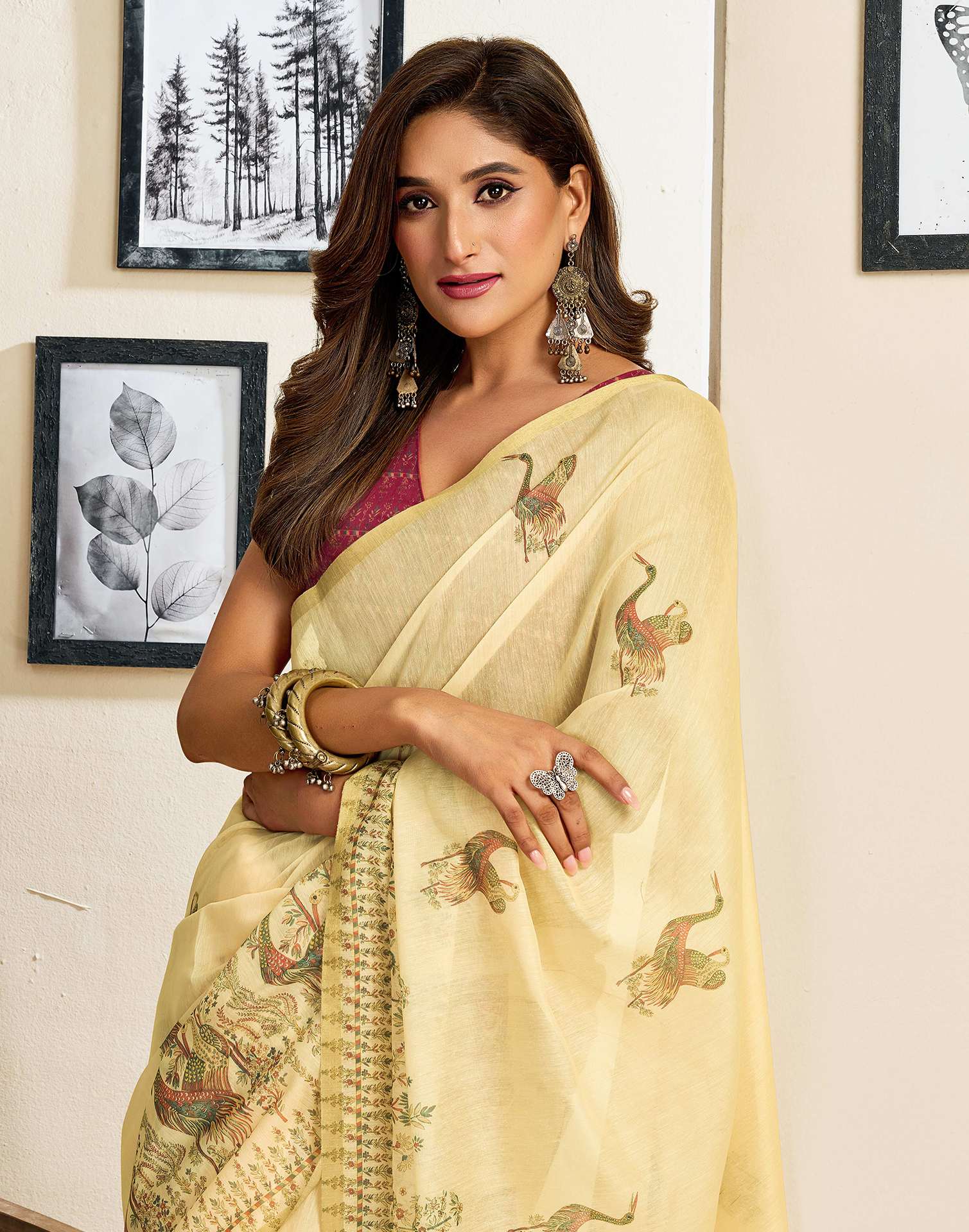 Ready To Wear Light Beige Chanderi Cotton Printed Saree