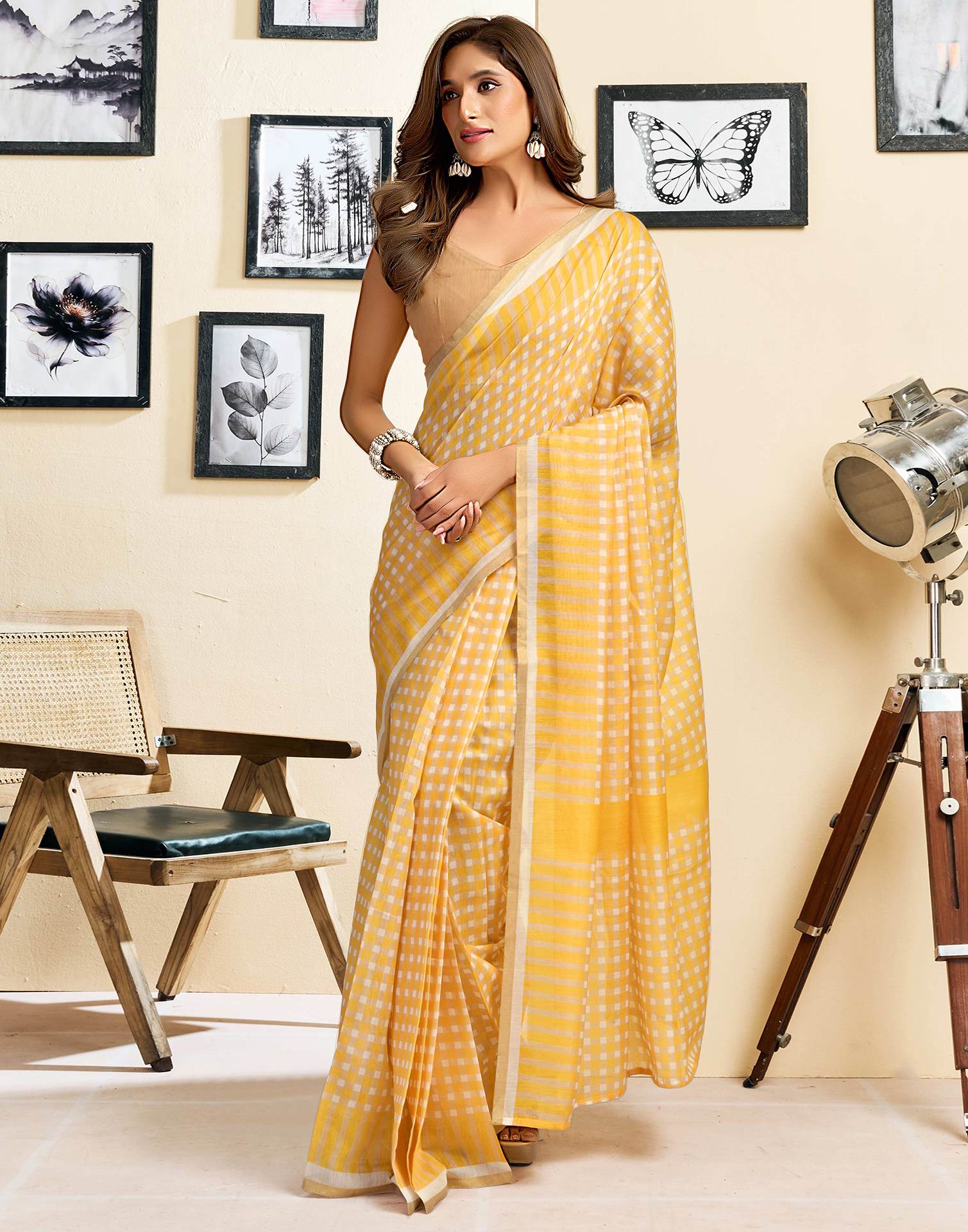 Ready To Wear Yellow Chanderi Cotton Printed Saree