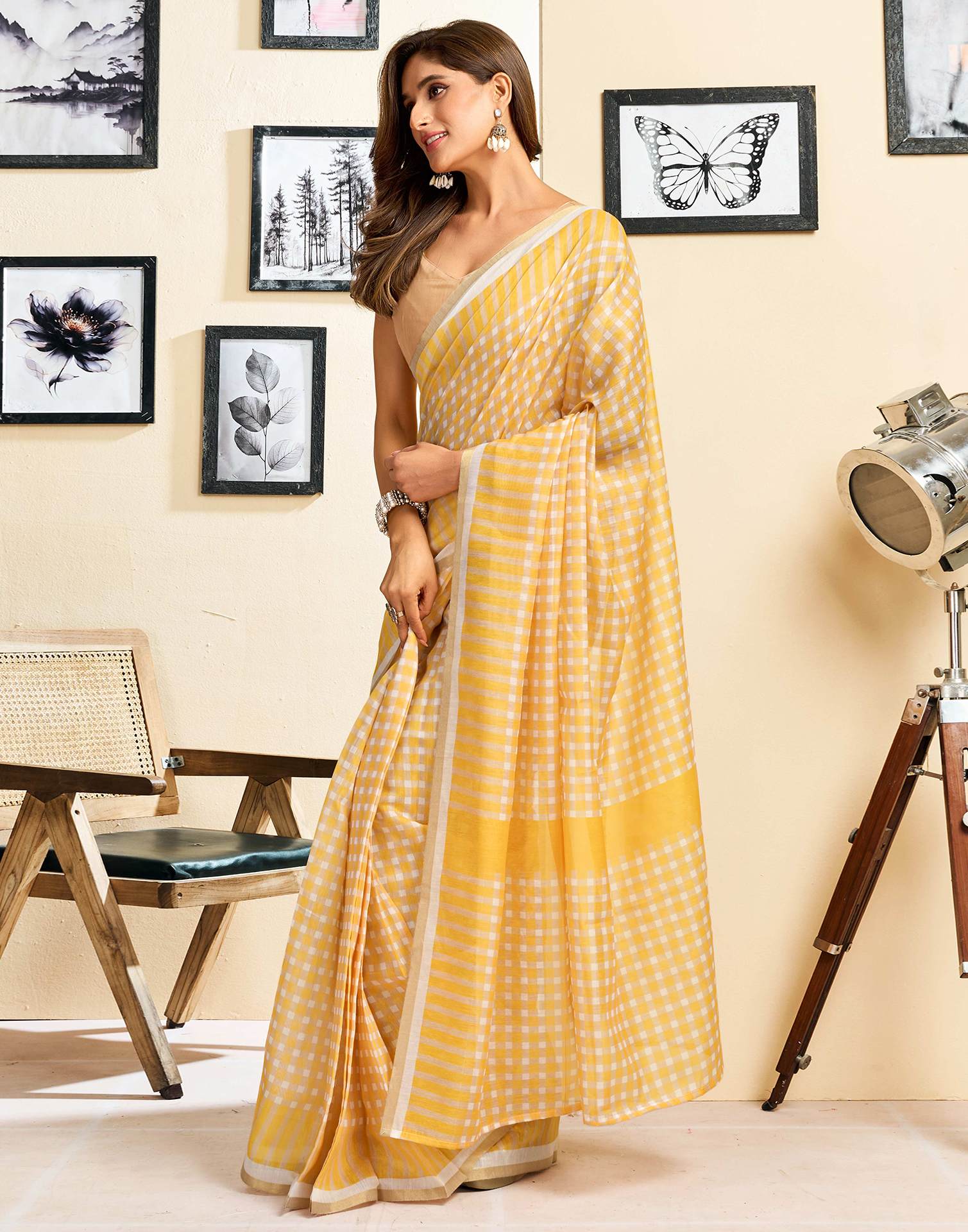 Ready To Wear Yellow Chanderi Cotton Printed Saree