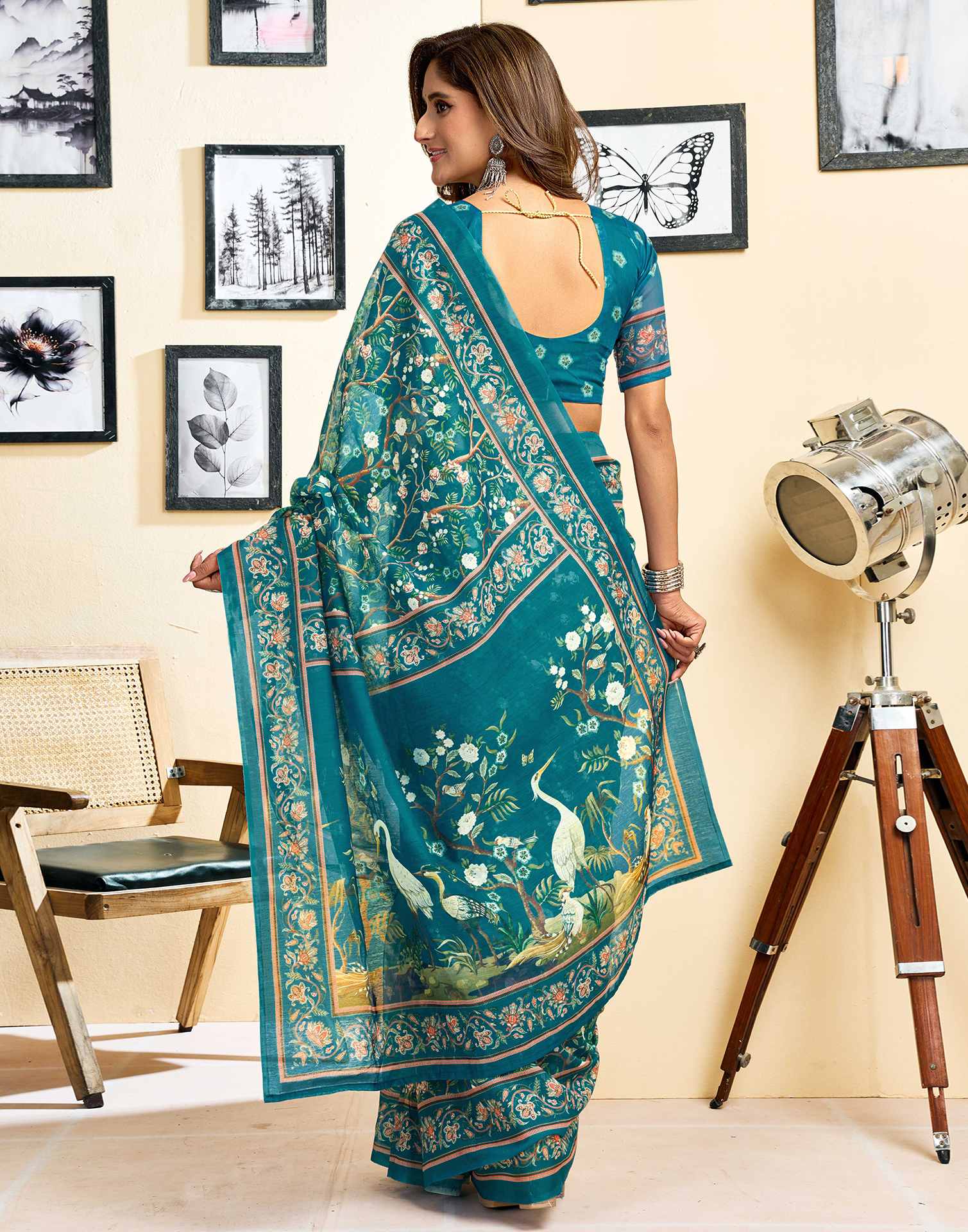 Ready To Wear Teal Blue Linen Printed Saree