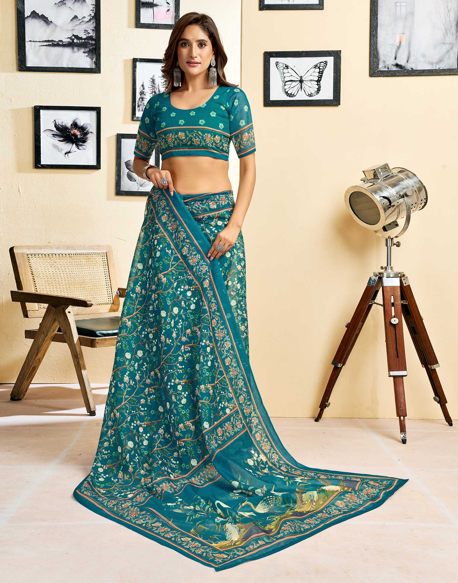Ready To Wear Teal Blue Linen Printed Saree