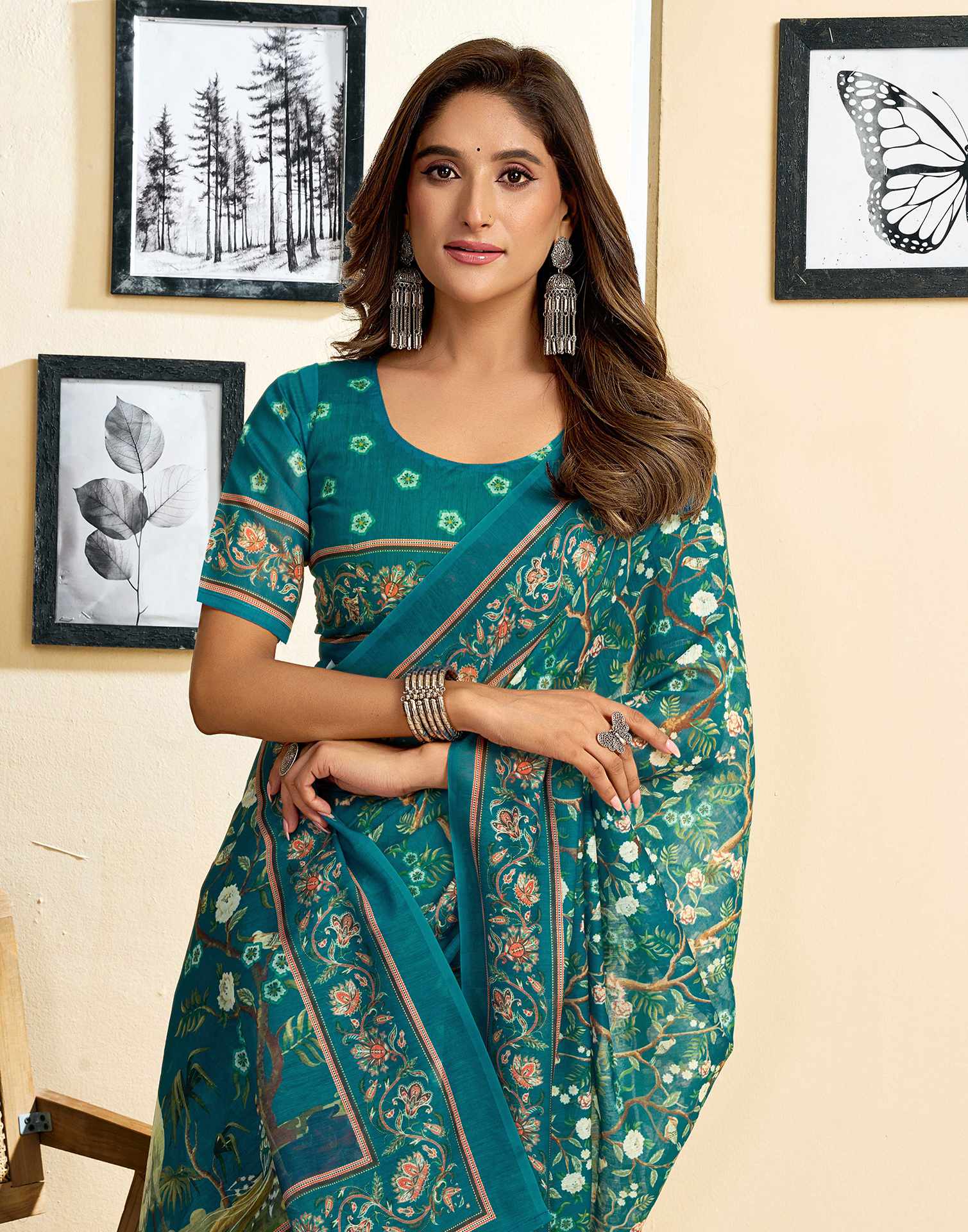 Ready To Wear Teal Blue Linen Printed Saree