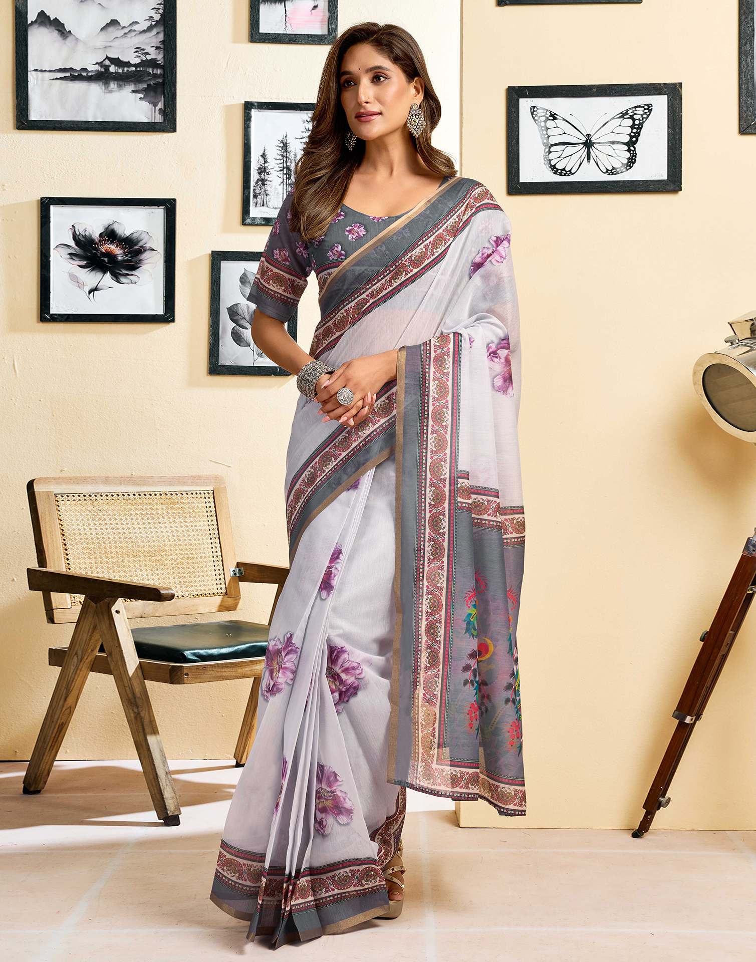 Ready To Wear Off White Linen Floral Printed Saree