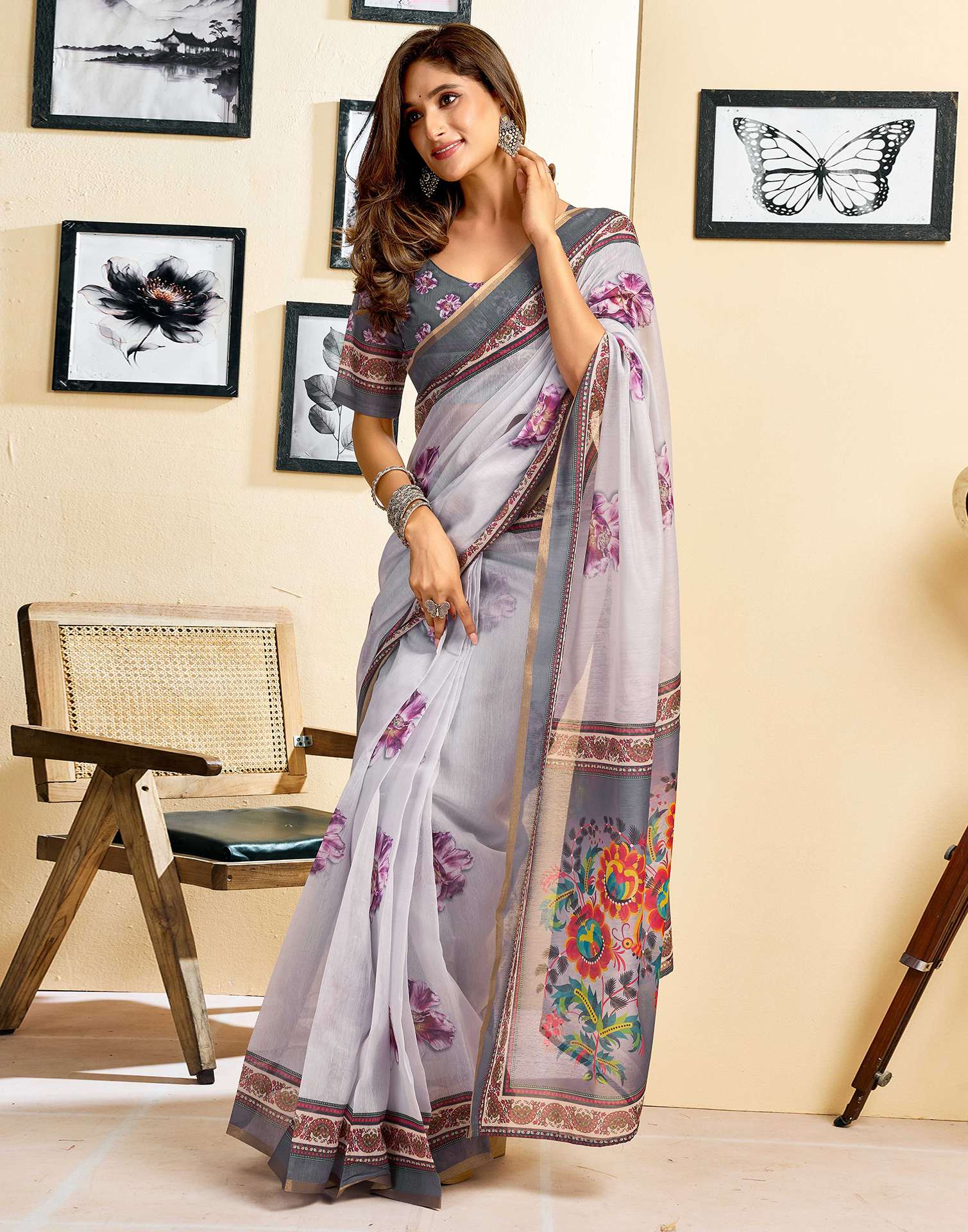 Ready To Wear Off White Linen Floral Printed Saree