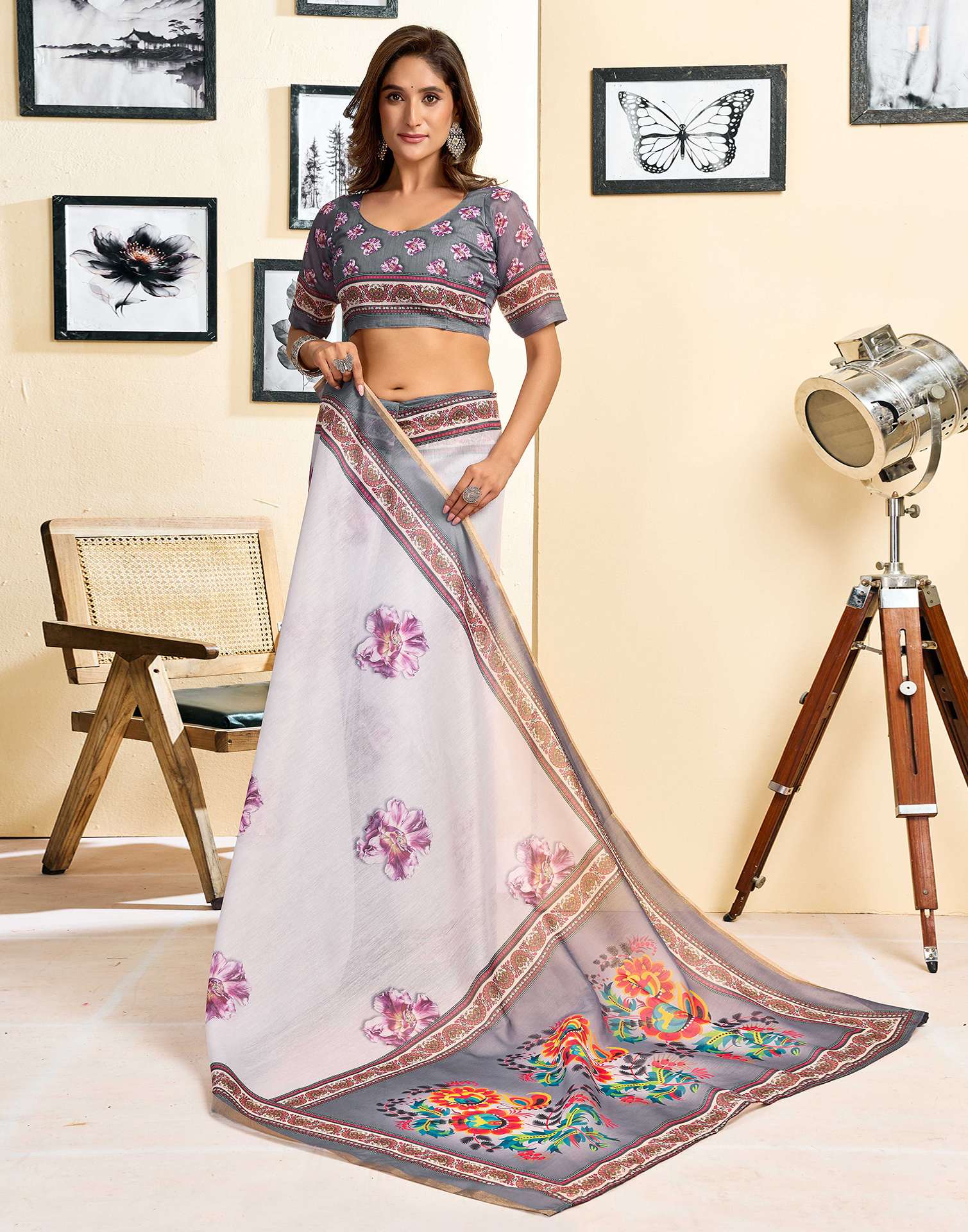 Ready To Wear Off White Linen Floral Printed Saree