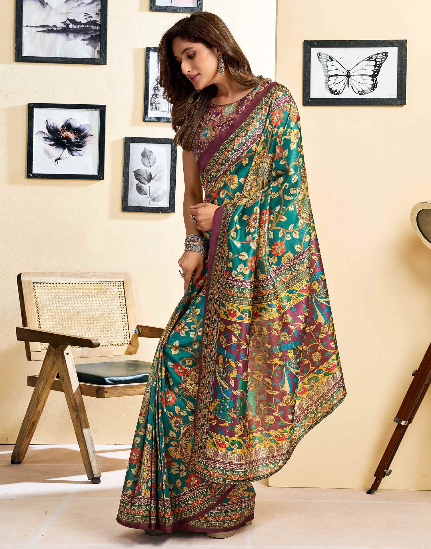 Ready To Wear Teal Blue Silk Floral Printed Saree