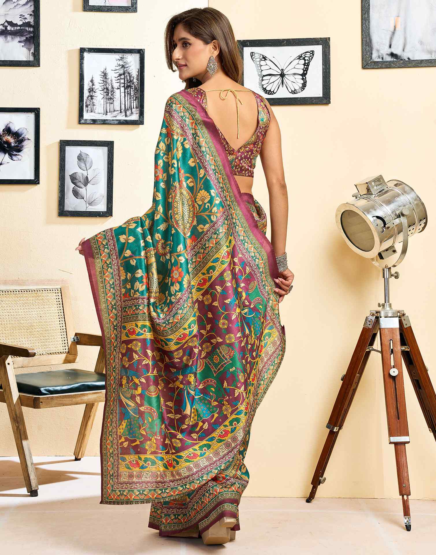 Ready To Wear Teal Blue Silk Floral Printed Saree