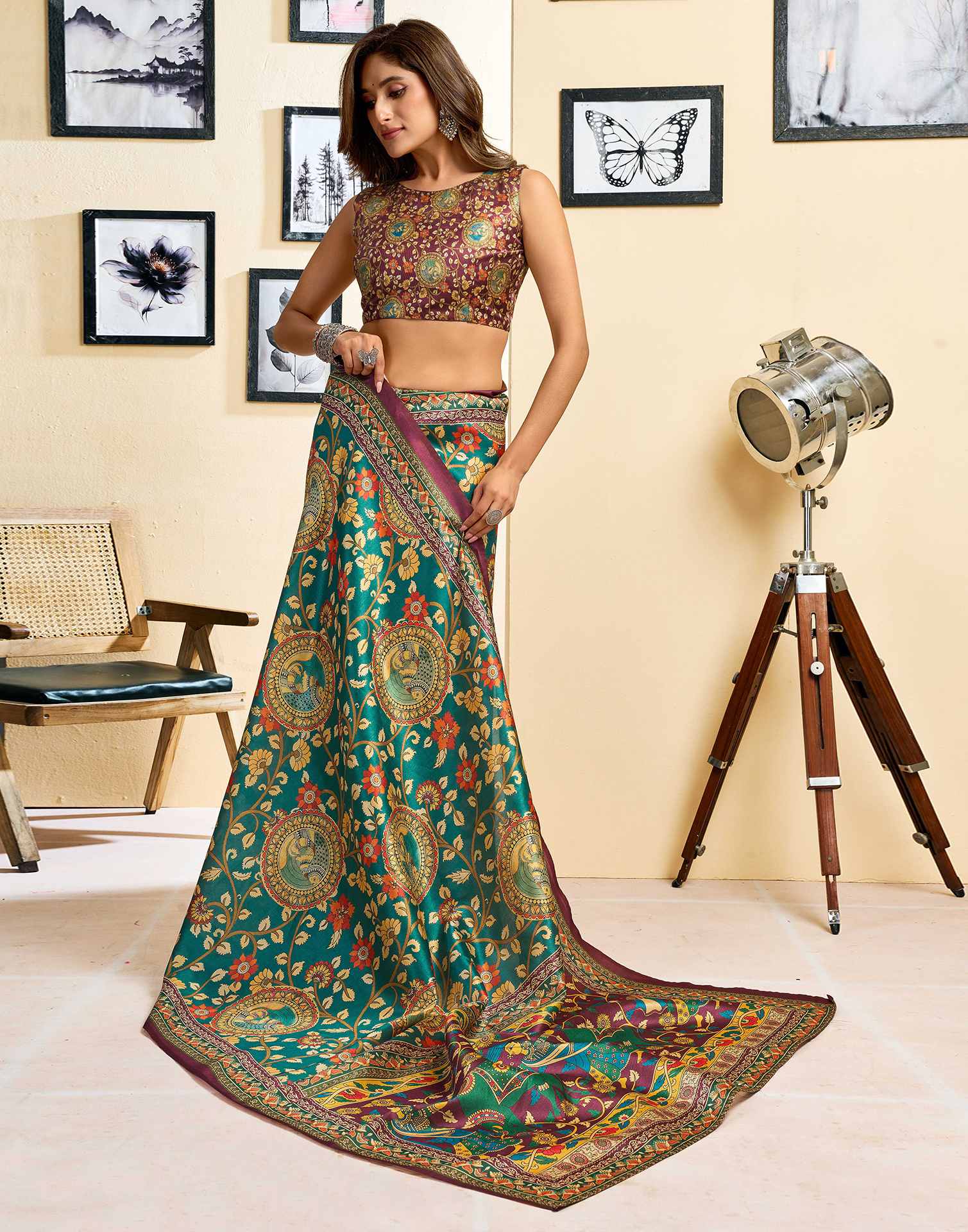 Ready To Wear Teal Blue Silk Floral Printed Saree
