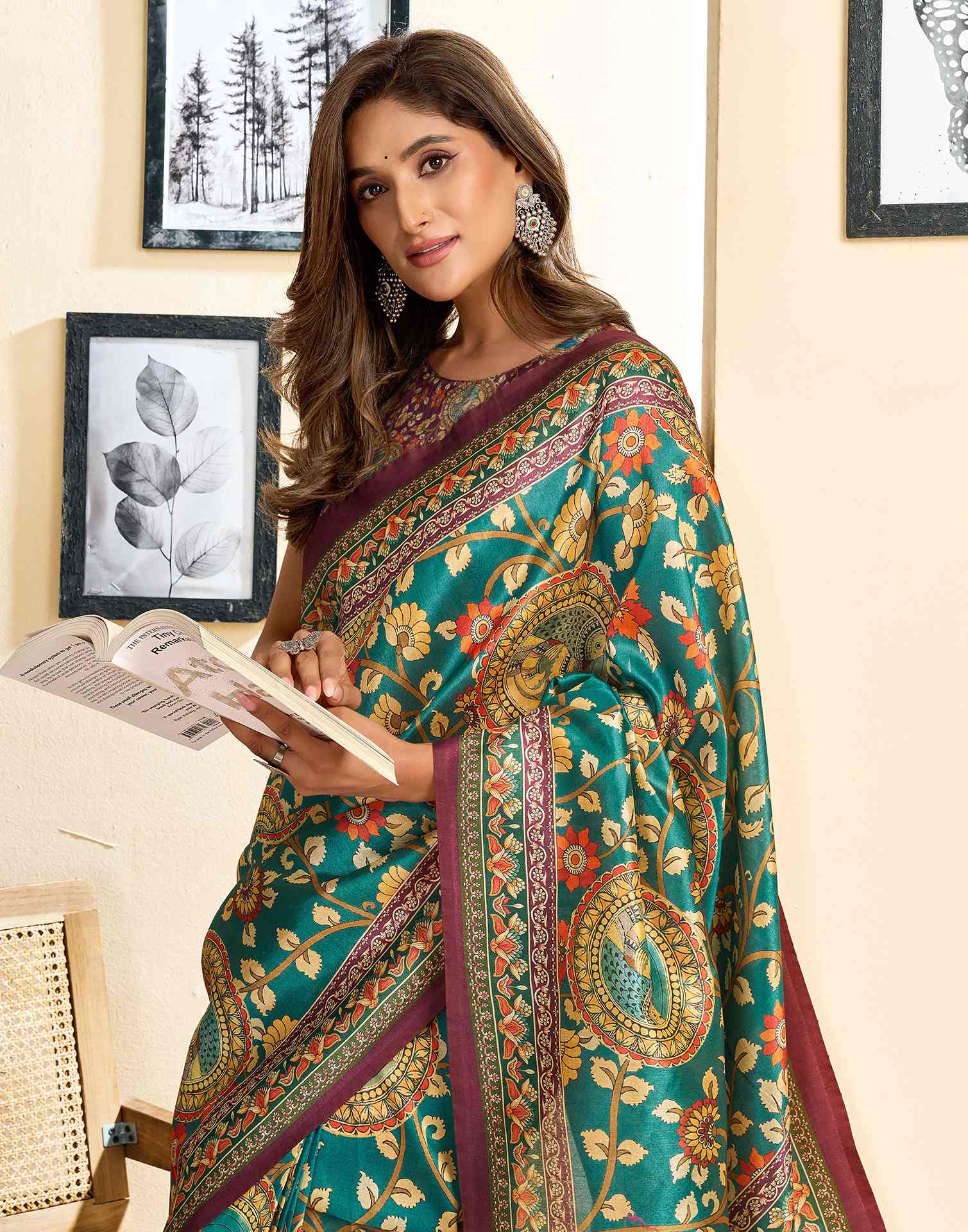 Ready To Wear Teal Blue Silk Floral Printed Saree