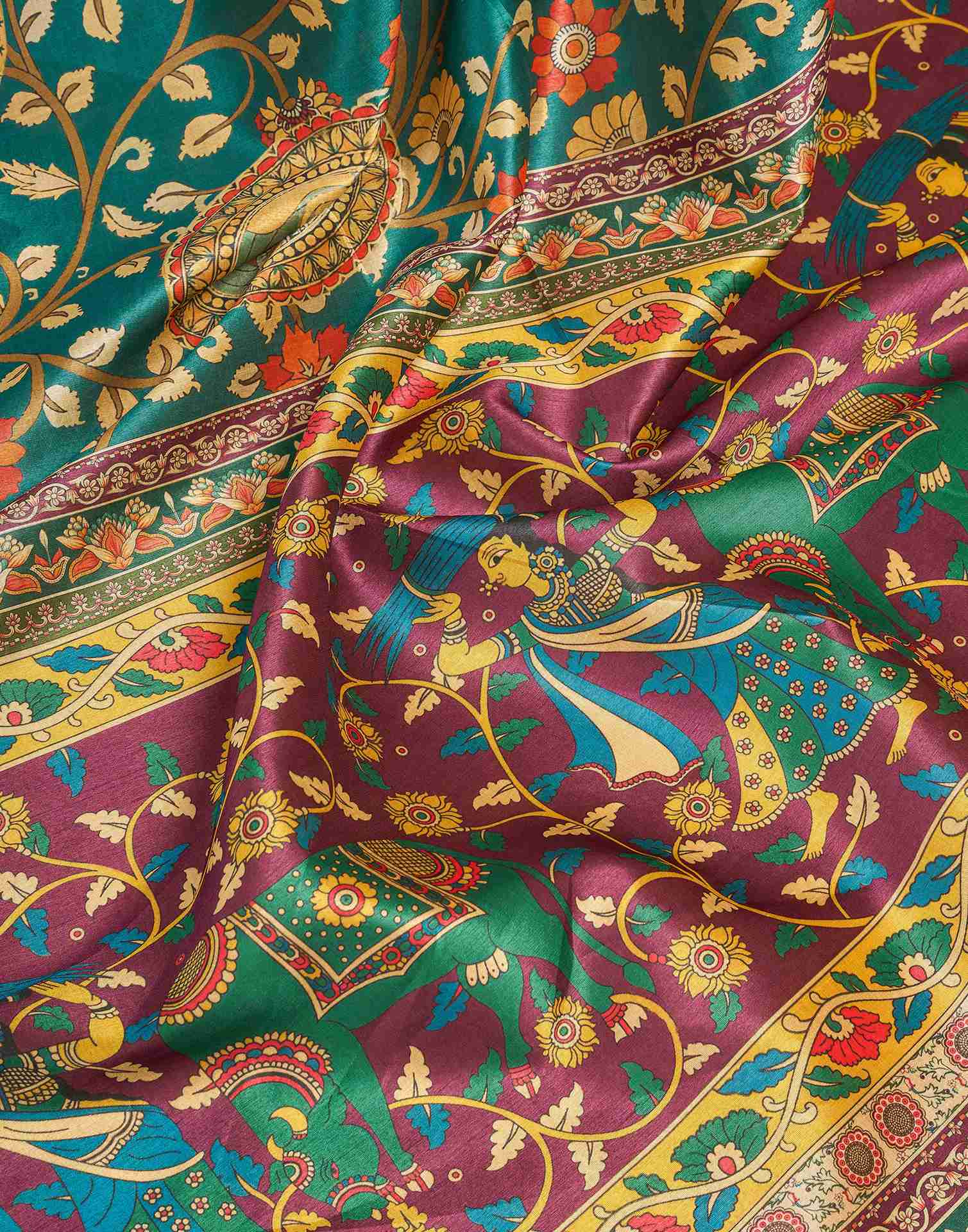 Ready To Wear Teal Blue Silk Floral Printed Saree
