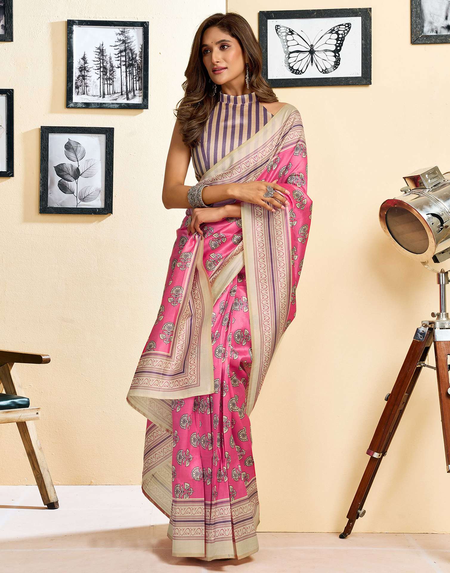 Ready To Wear Pink Silk Printed Saree