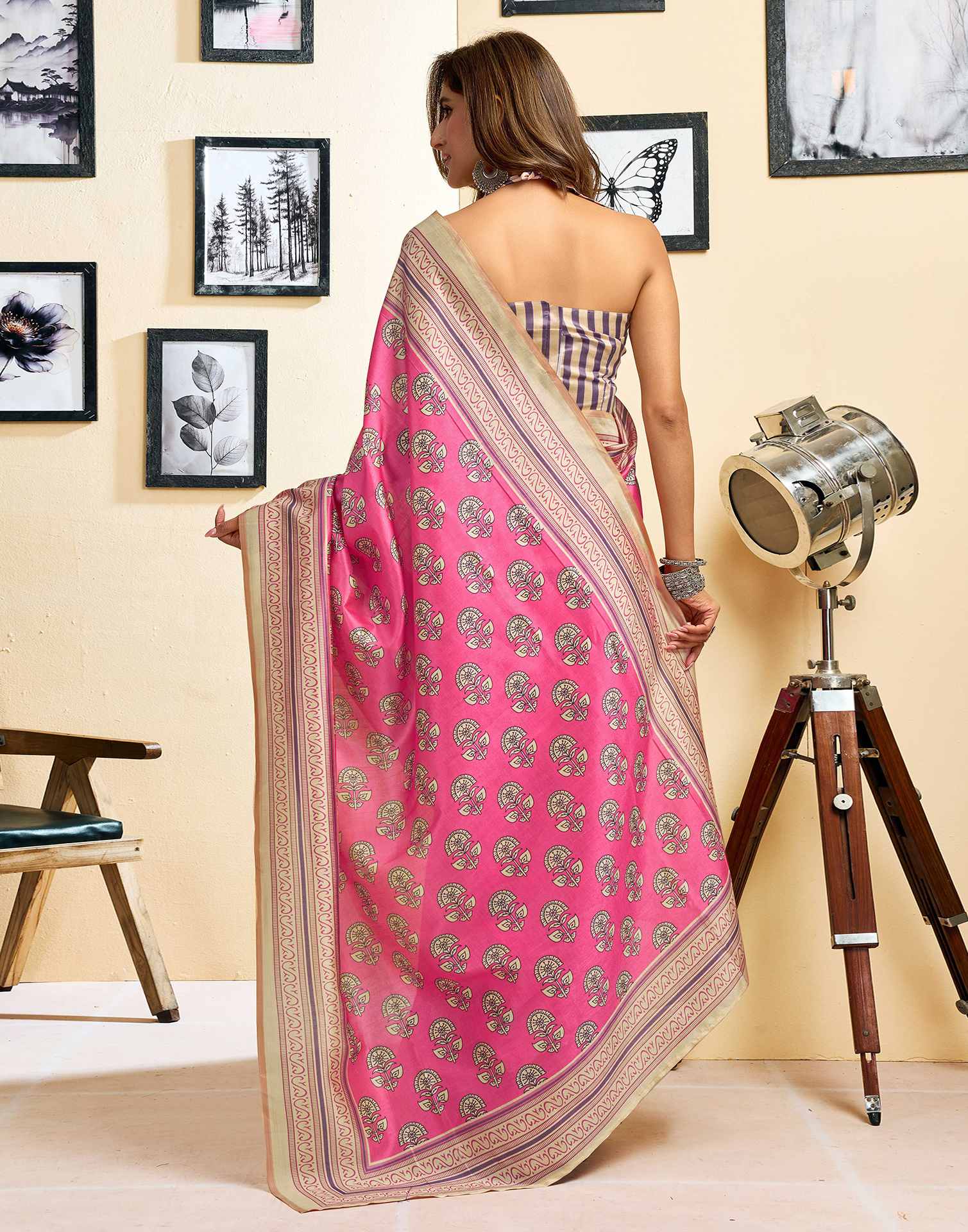 Ready To Wear Pink Silk Printed Saree
