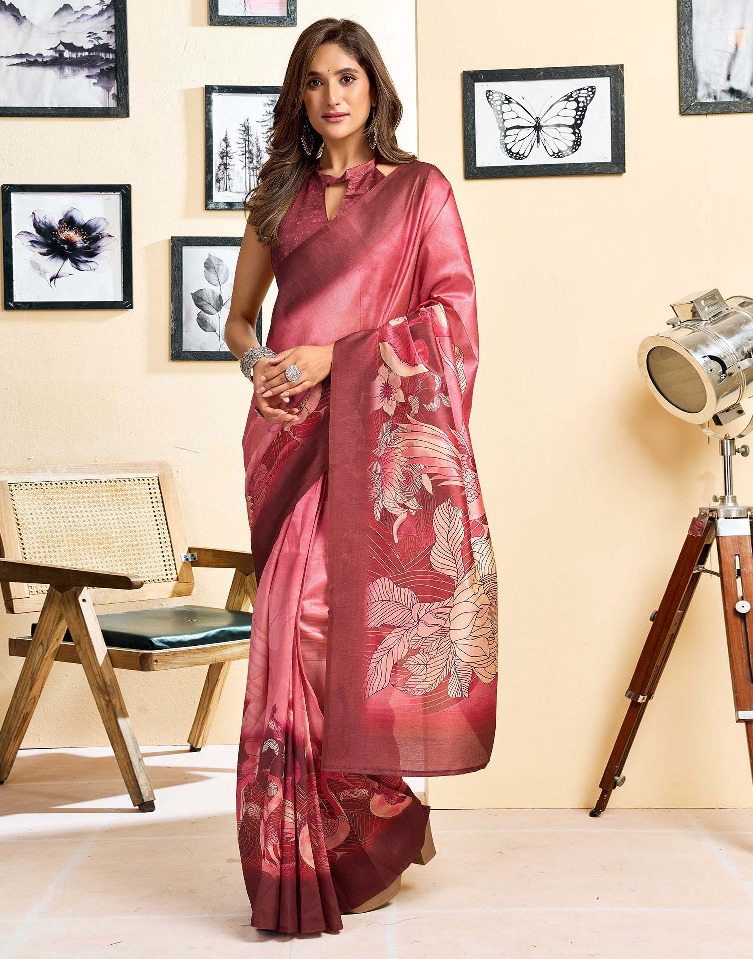 Ready To Wear Coral Pink Silk Printed Saree
