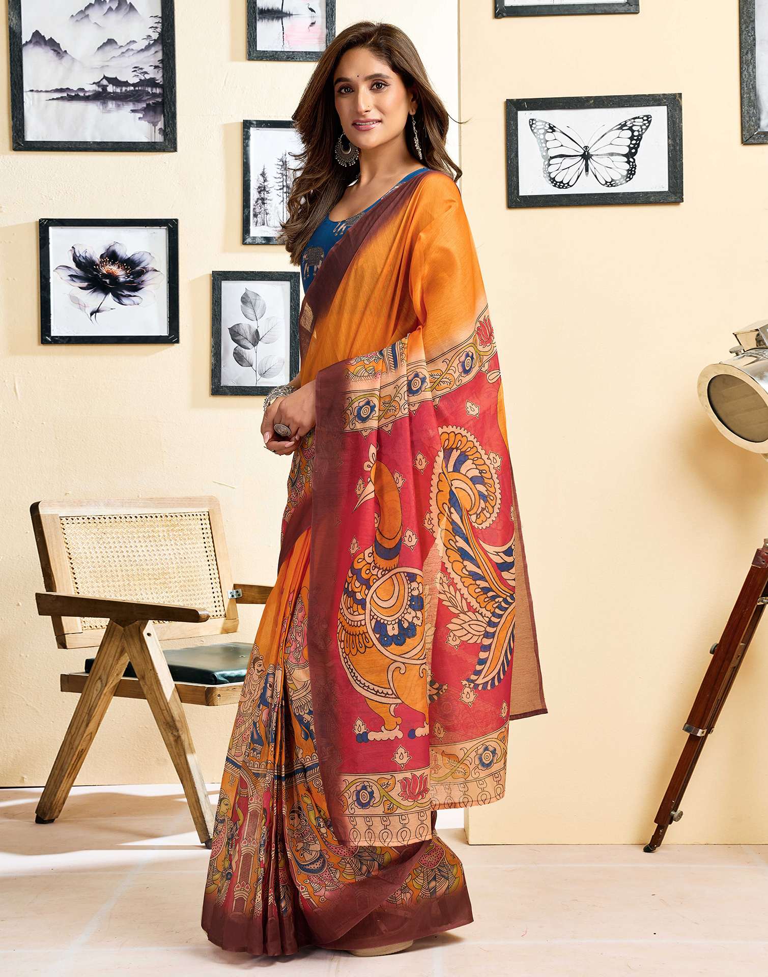 Ready To Wear Orange Linen Printed Saree
