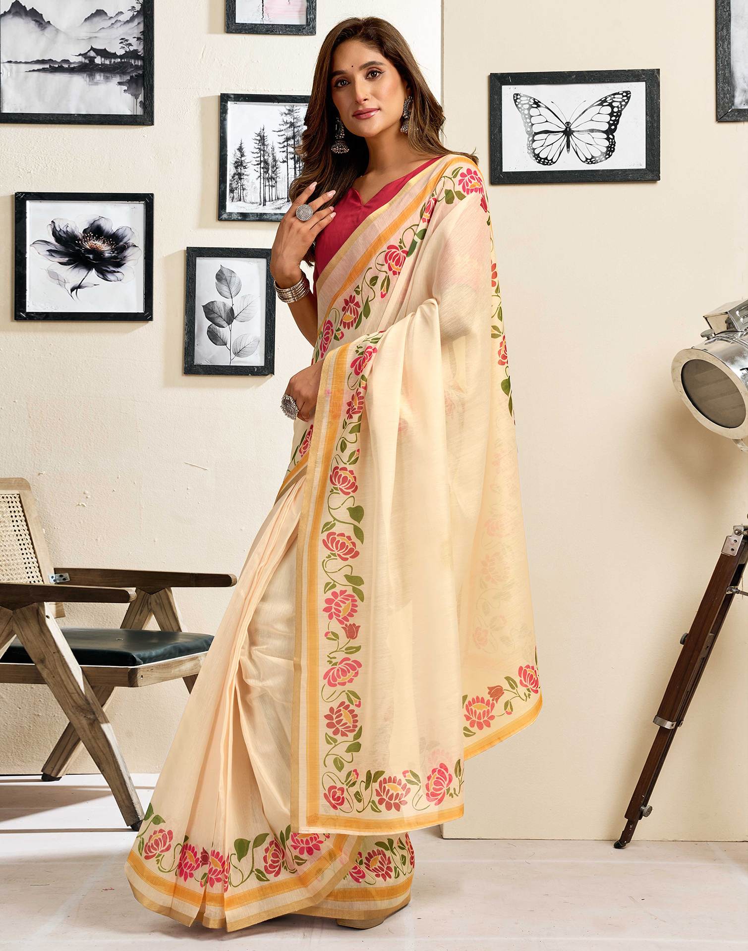 Ready To Wear Cream Linen Printed Saree
