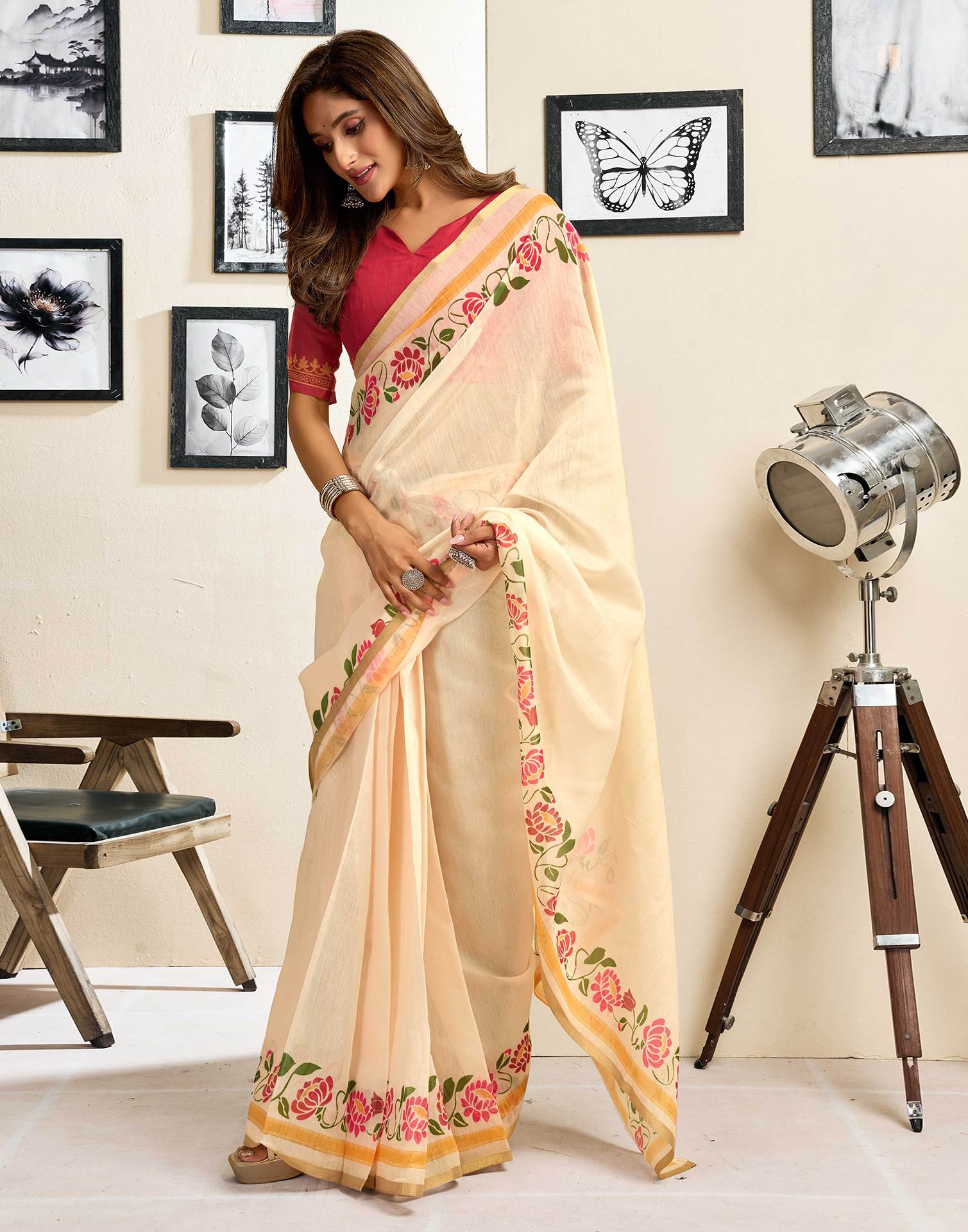 Ready To Wear Cream Linen Printed Saree
