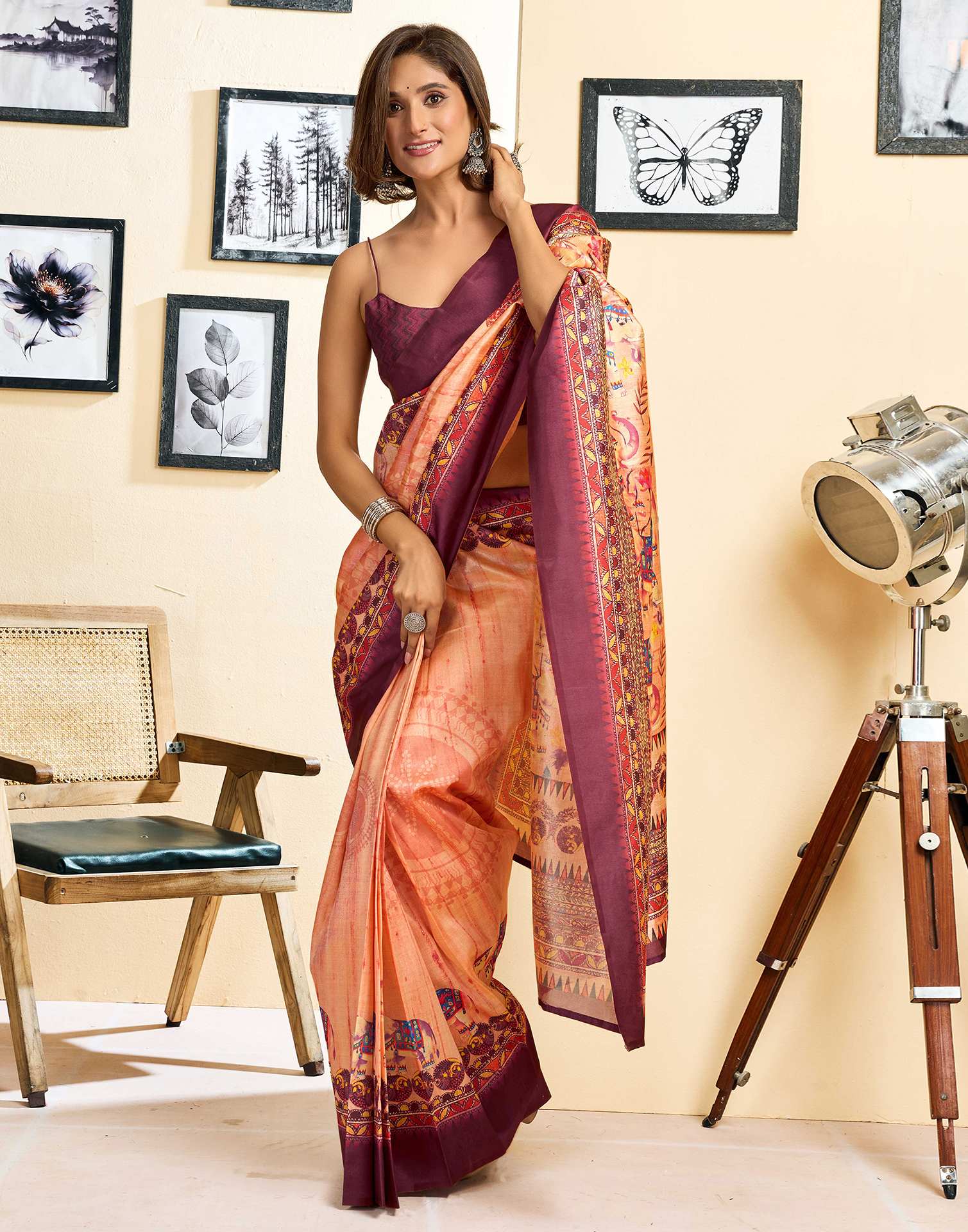 Ready To Wear Peach Silk Printed Saree