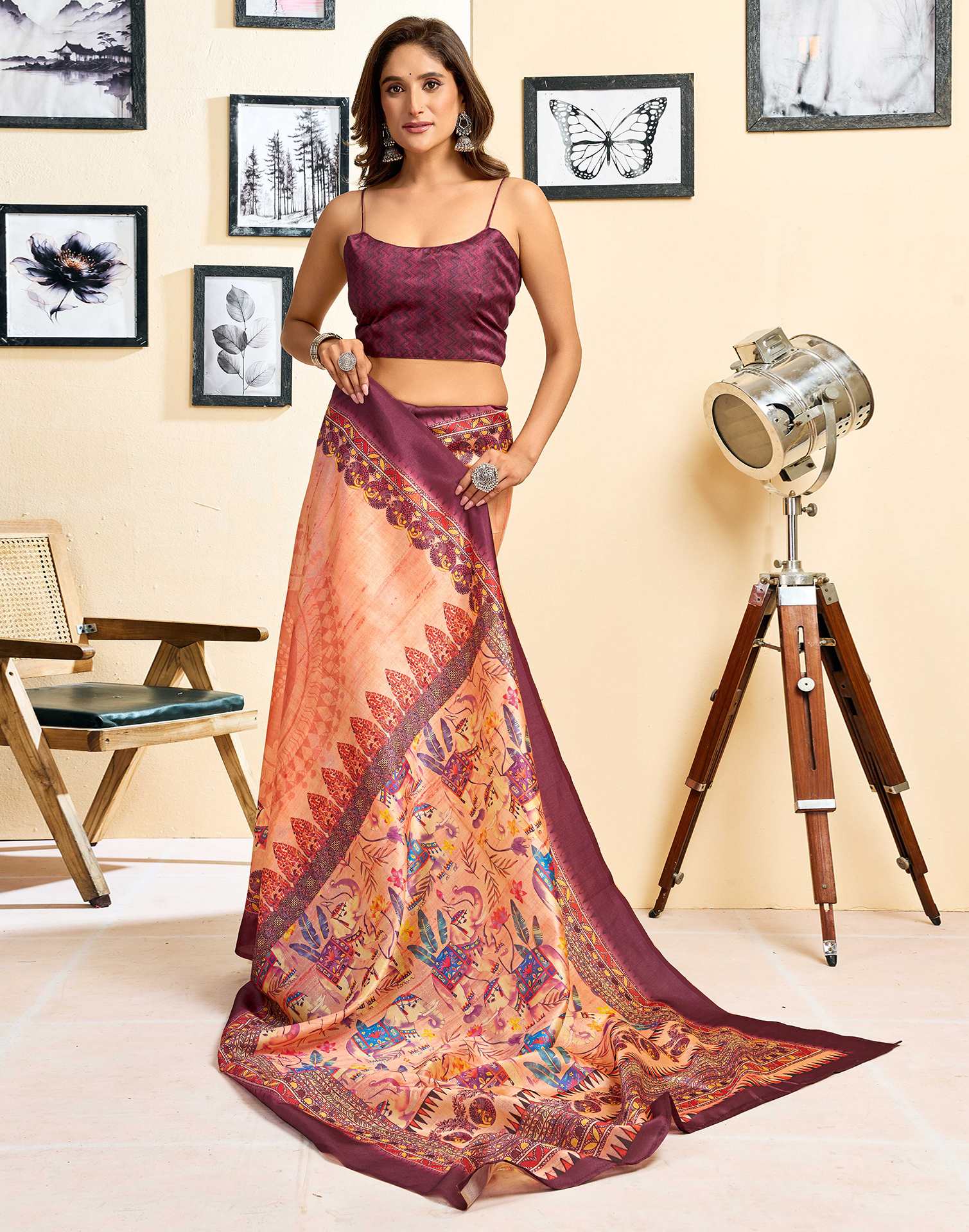 Ready To Wear Peach Silk Printed Saree