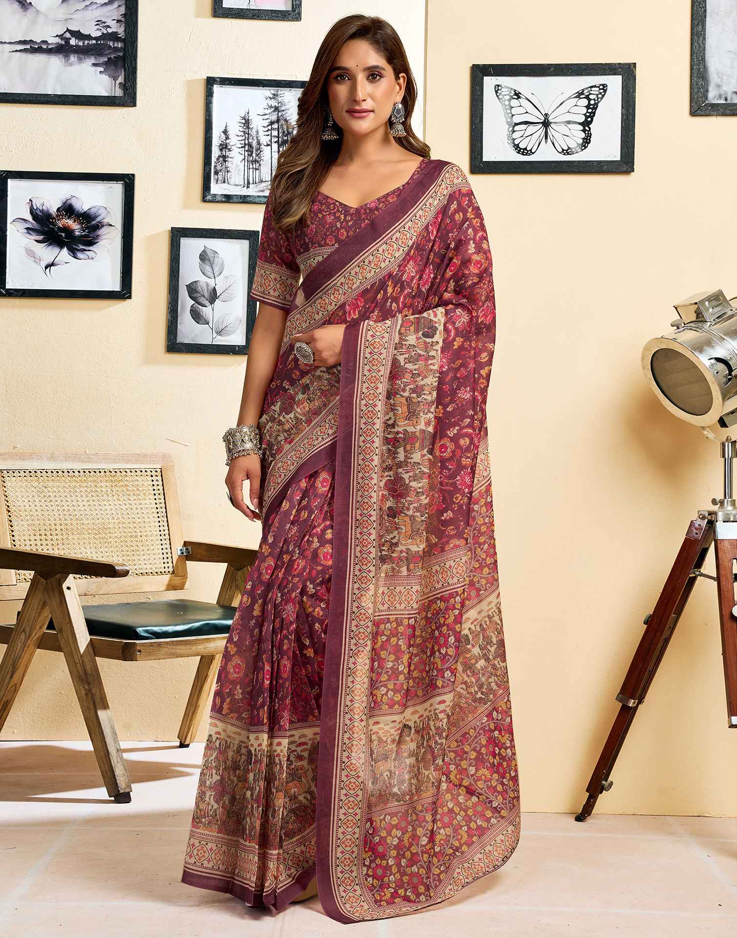 Ready To Wear Dusty Wine Linen Floral Printed Saree