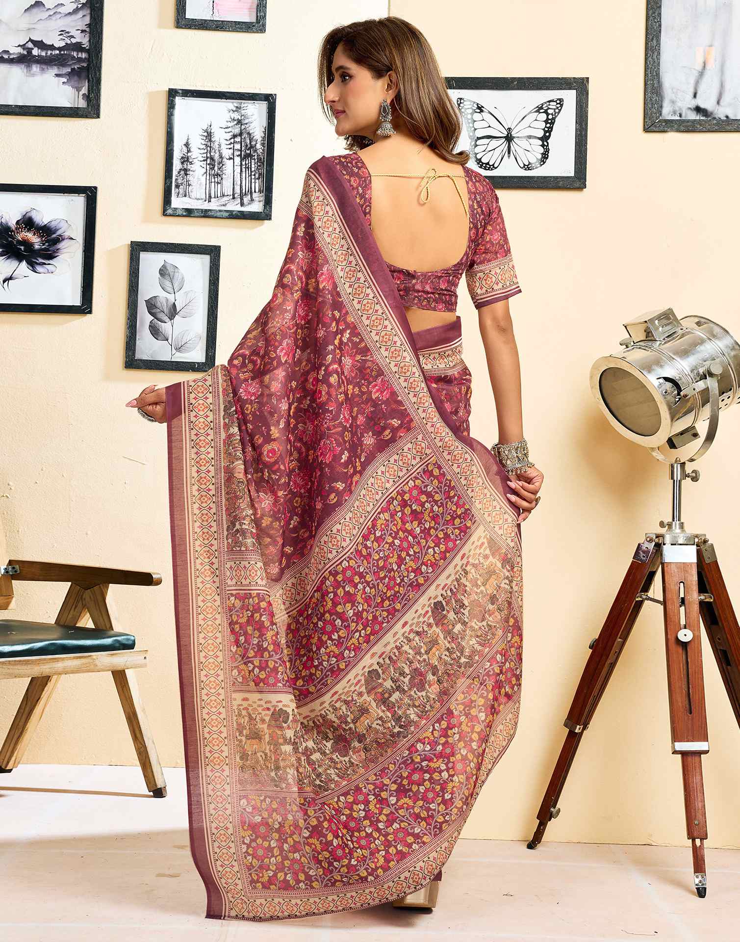 Ready To Wear Dusty Wine Linen Floral Printed Saree