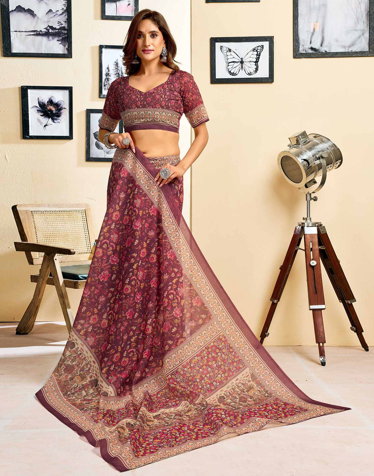 Ready To Wear Dusty Wine Linen Floral Printed Saree
