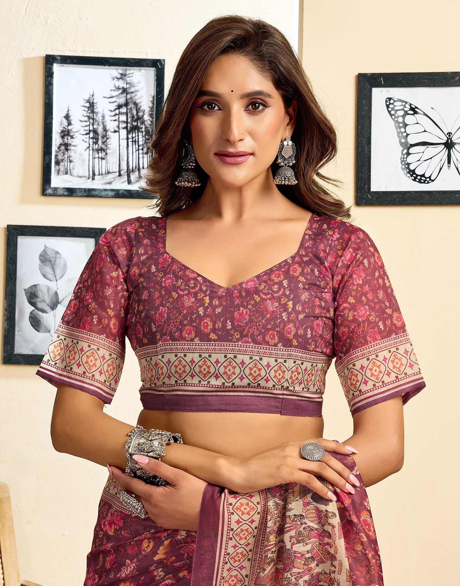 Ready To Wear Dusty Wine Linen Floral Printed Saree