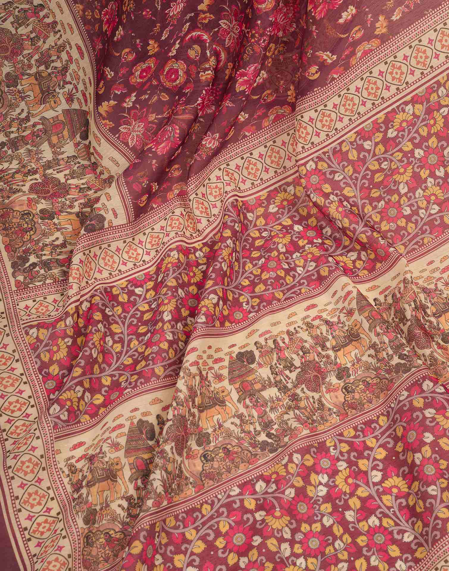 Ready To Wear Dusty Wine Linen Floral Printed Saree