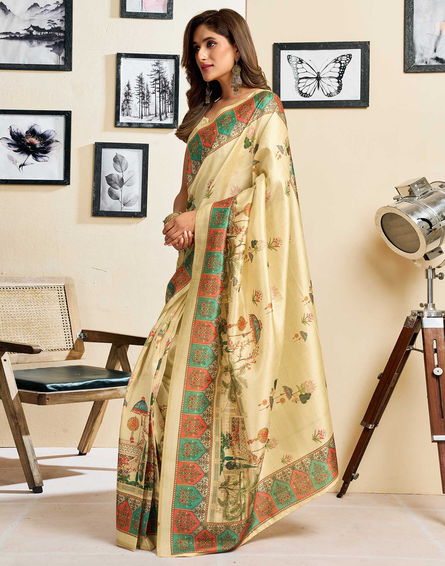 Ready To Wear Dark Beige Silk Printed Saree