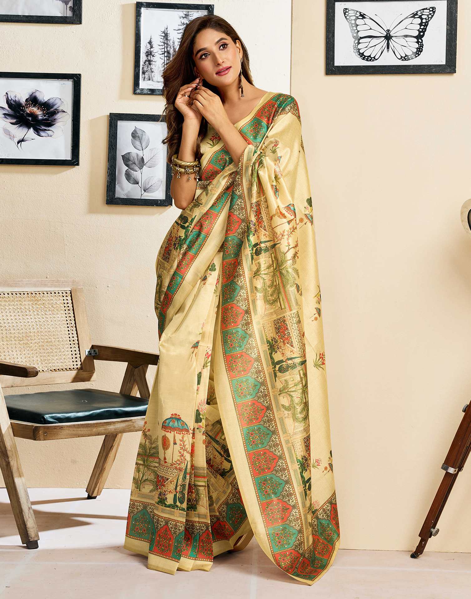 Ready To Wear Dark Beige Silk Printed Saree