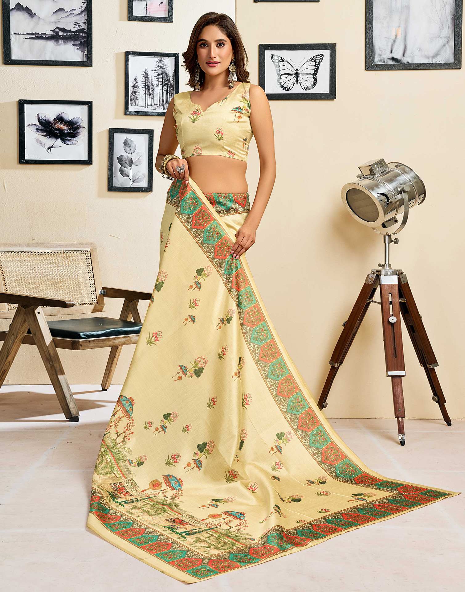 Ready To Wear Dark Beige Silk Printed Saree