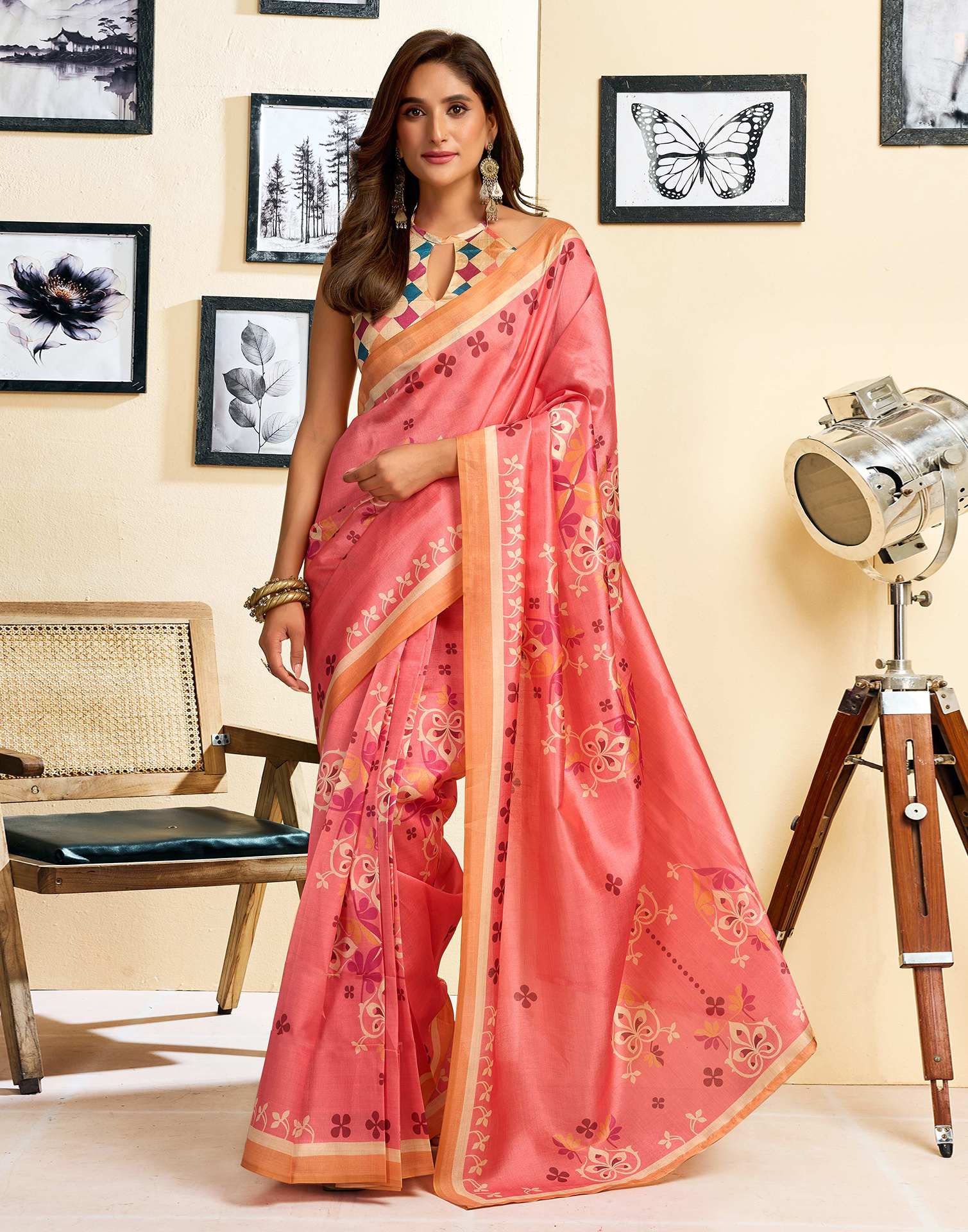 Ready To Wear Coral Pink Silk Printed Saree