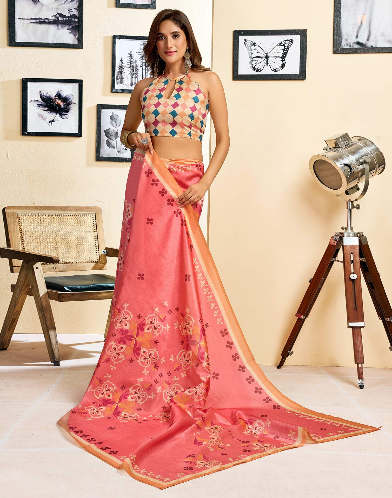Ready To Wear Coral Pink Silk Printed Saree
