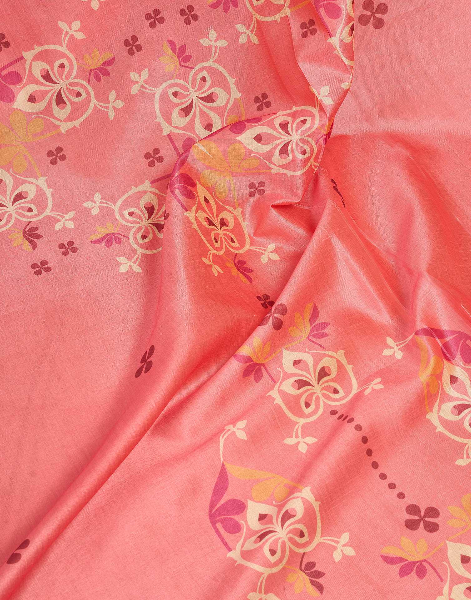 Ready To Wear Coral Pink Silk Printed Saree