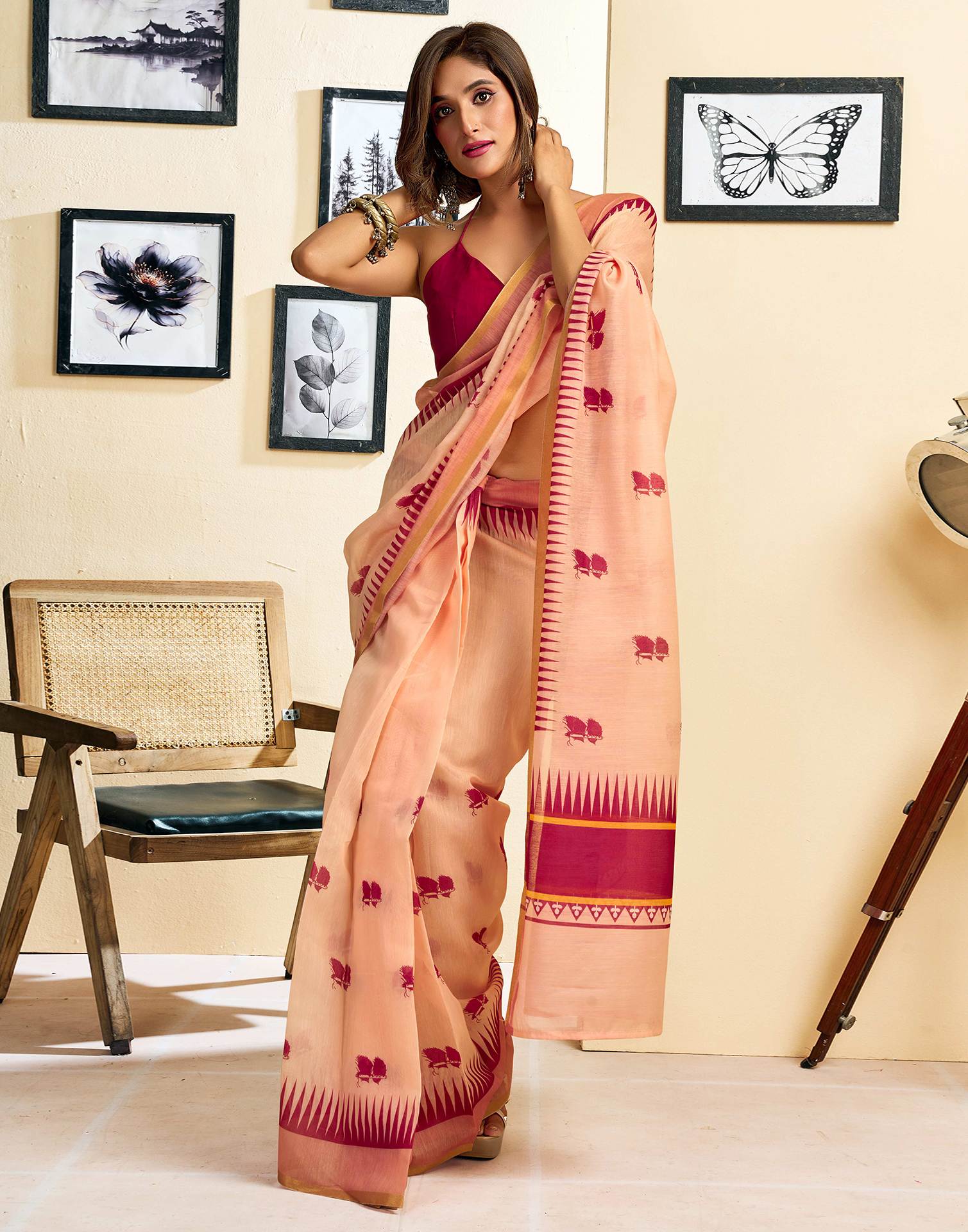 Ready To Wear Peach Linen Printed Saree
