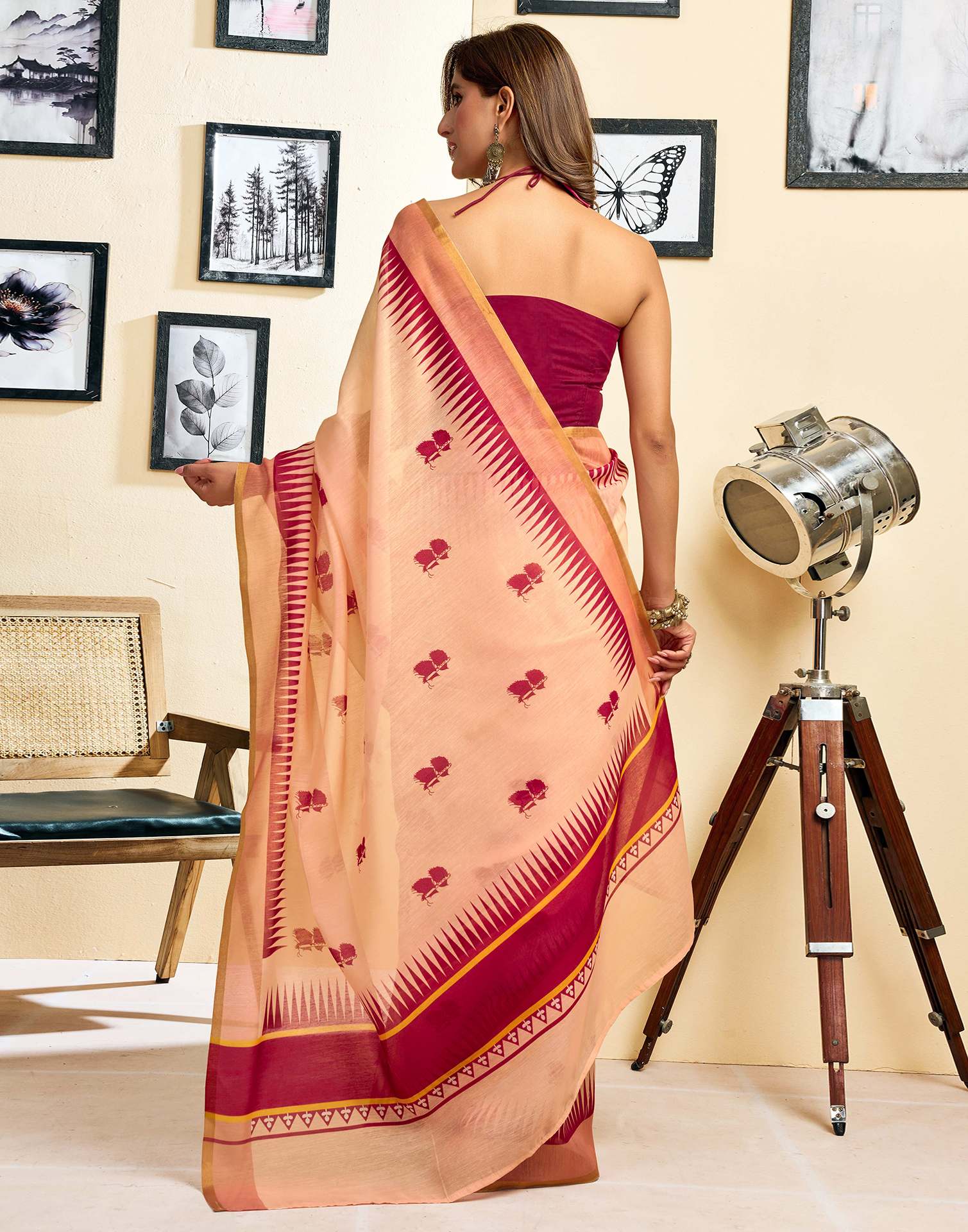 Ready To Wear Peach Linen Printed Saree