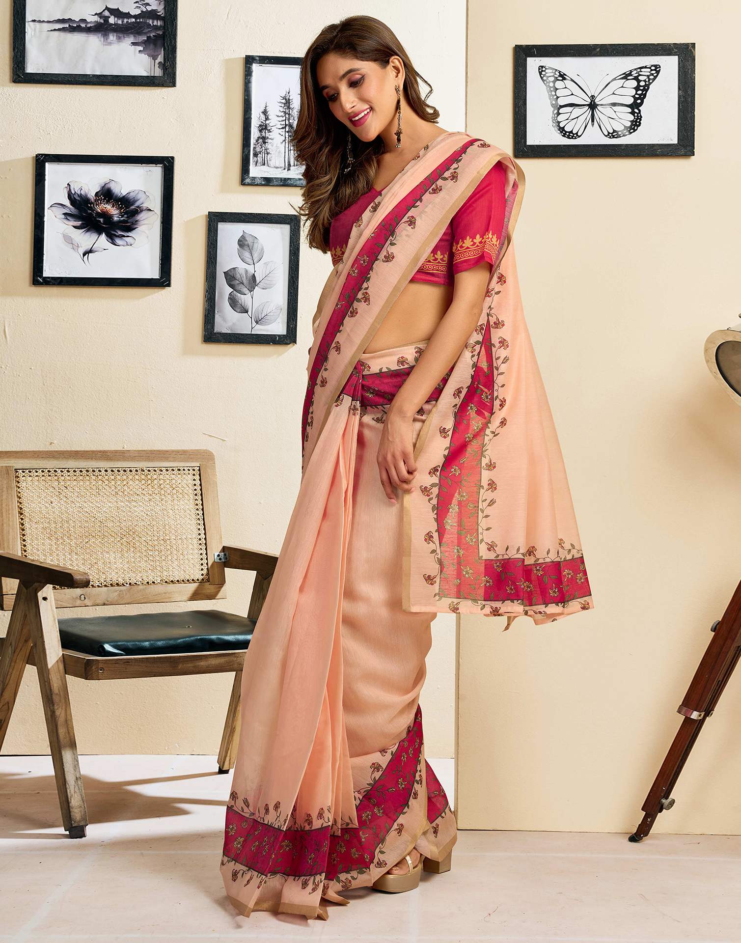 Ready To Wear Peach Linen Printed Saree