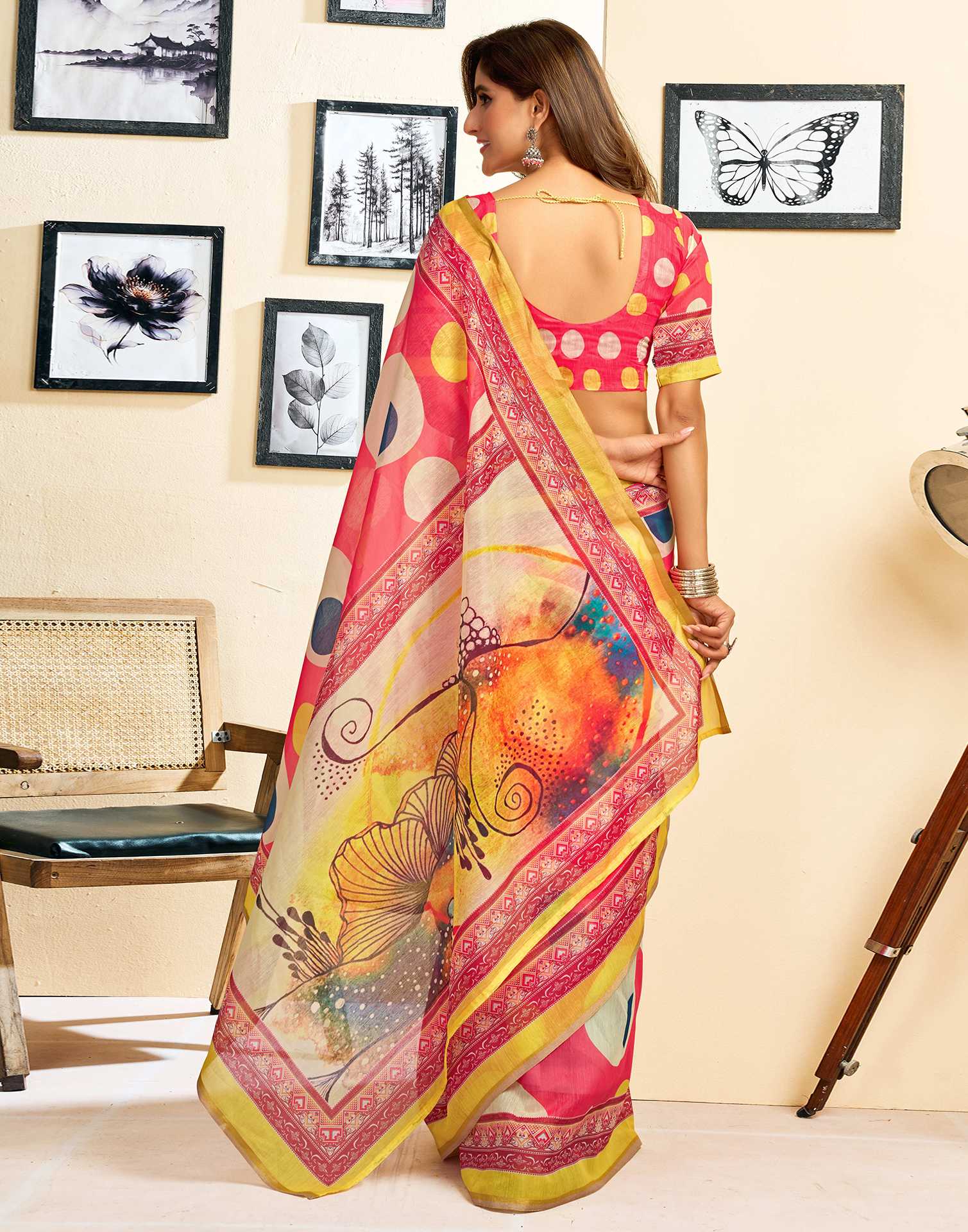 Ready To Wear Pink Linen Printed Saree