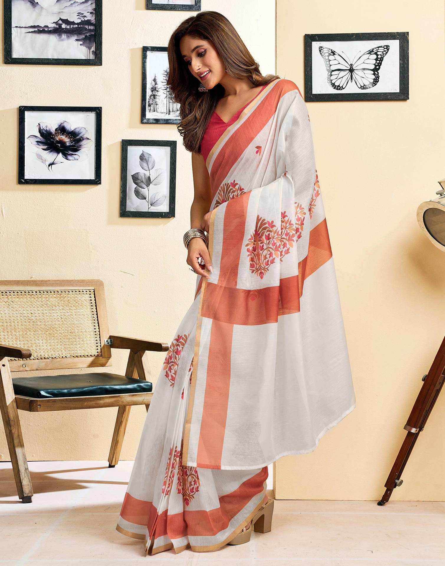 Ready To Wear White Linen Printed Saree